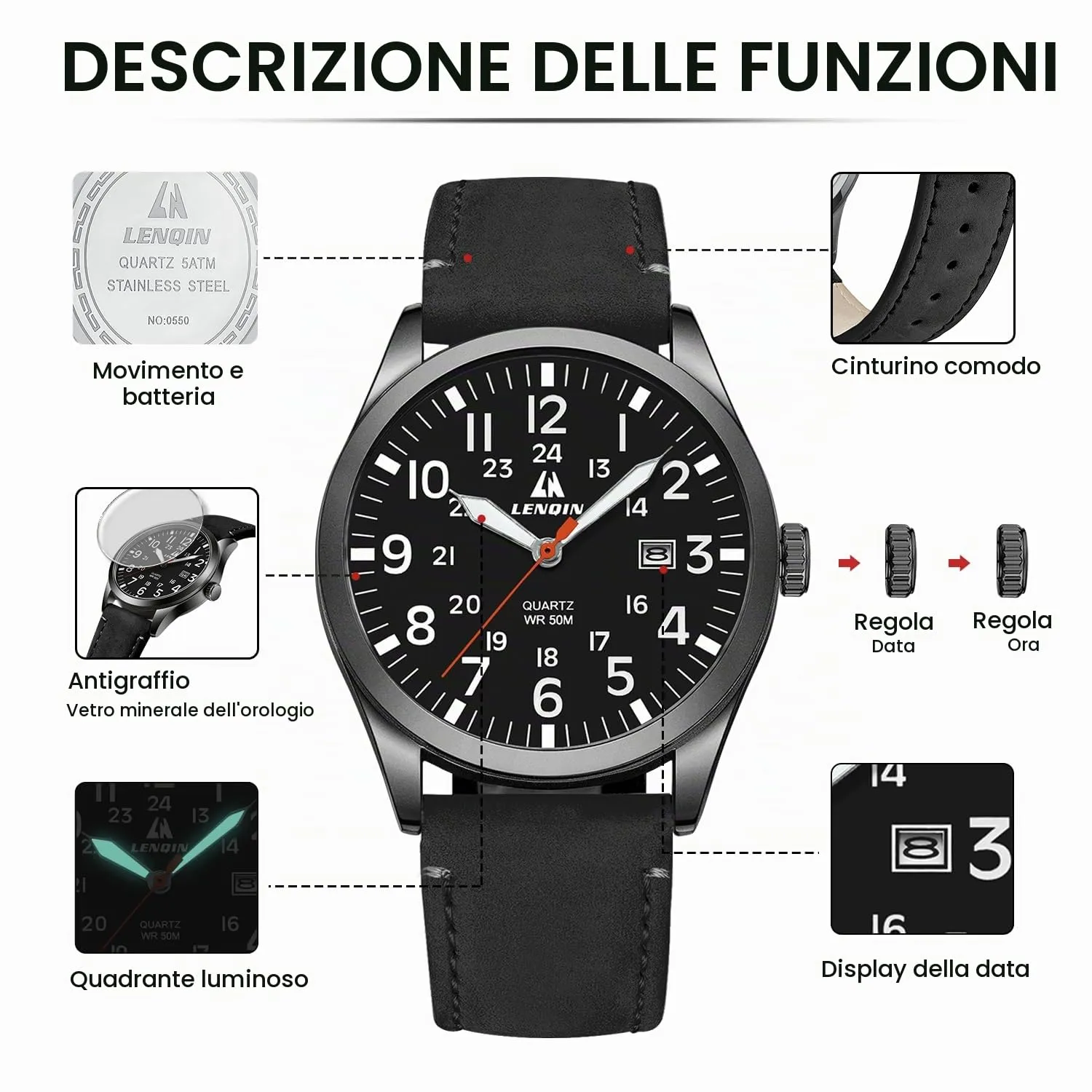 LN LENQIN Orologio Uomo Militare Analogico Quarzo Nylon Datario 3ATM - immagine 6