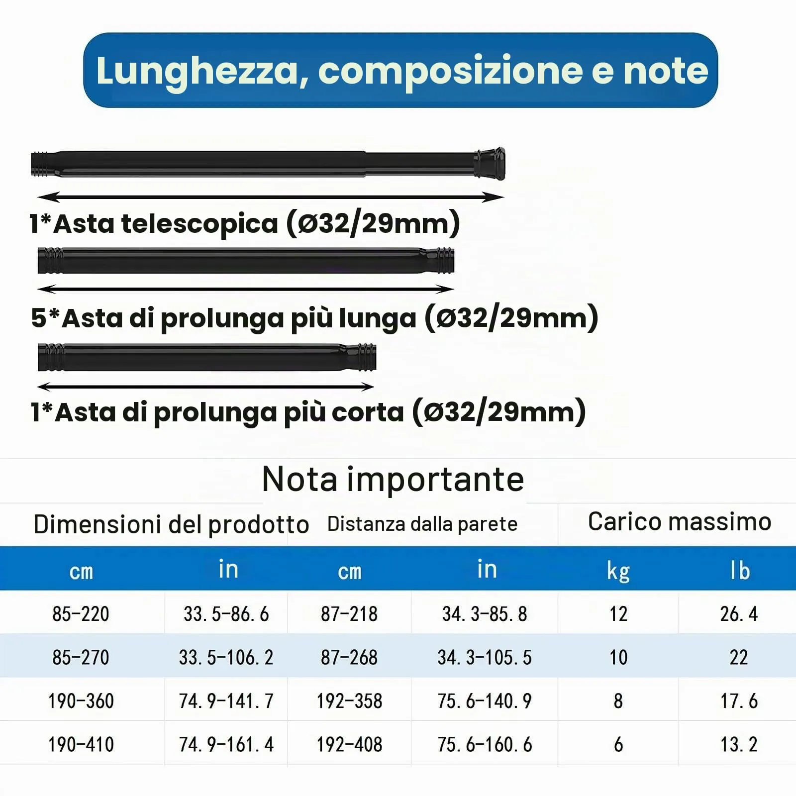 Aiitomg Asta per tenda da doccia senza fori, lunghezza extra, allungabile, telescopica, per bagno, camera da letto, argento (85-265 cm, diametro 32 mm) - immagine 2