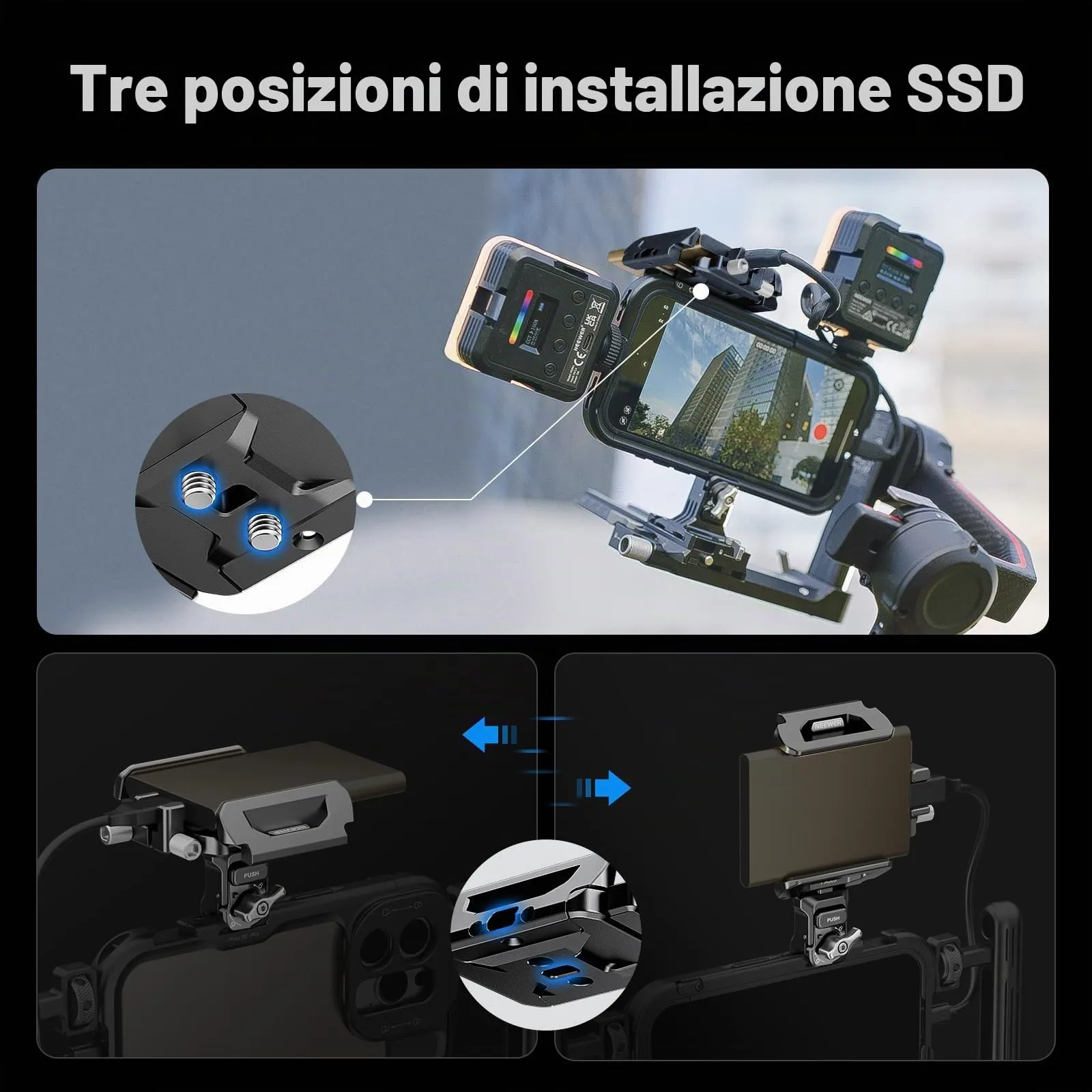 NEEWER Supporto SSD da 40-65mm Staffa SSD a Sgancio Rapido con Morsetto per Cavo Compatibile con SmallRig Gabbia per Telefono per iPhone 16 Pro Max 15 Pro Max Samsung S24 Ultra T9 T7 T5 SanDisk, PA065 - immagine 5