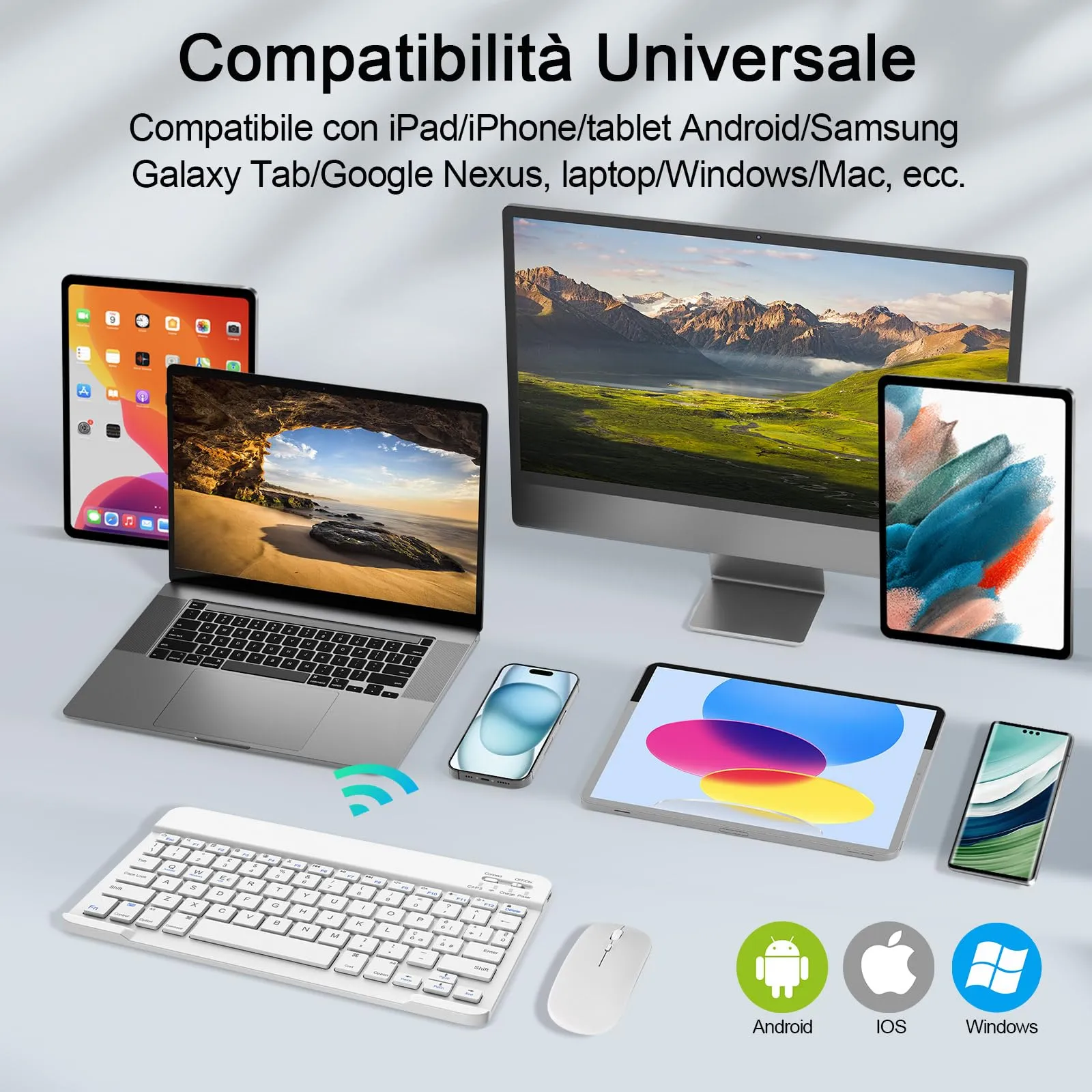 SOPPY Tastiera e Mouse Bluetooth Portatili, Universale Ricaricabile per Tablet, Wireless per iPad/Samsung Tab/Lenovo Tab/iOS/Android/Windows, Layout Italiano (Bianco) - immagine 2