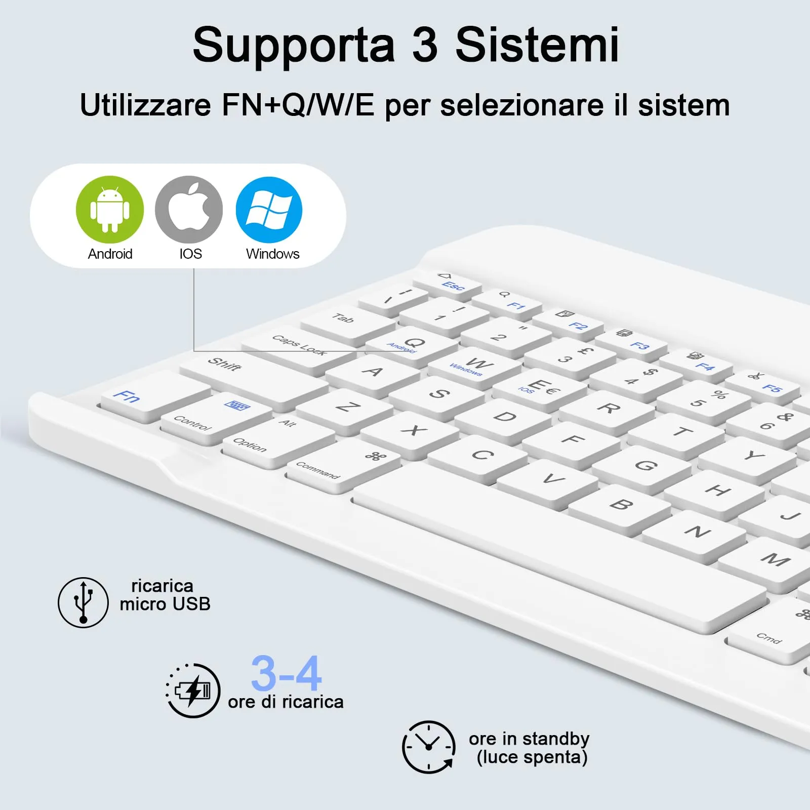 SOPPY Tastiera e Mouse Bluetooth Portatili, Universale Ricaricabile per Tablet, Wireless per iPad/Samsung Tab/Lenovo Tab/iOS/Android/Windows, Layout Italiano (Bianco) - immagine 3