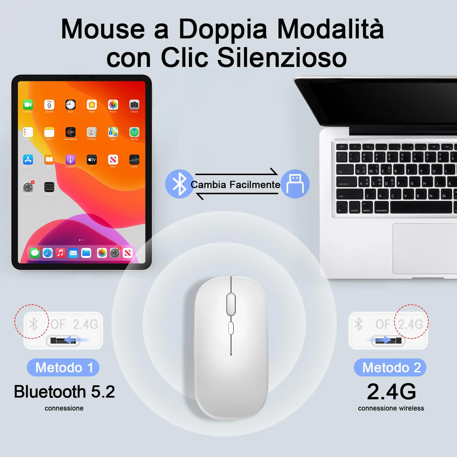 SOPPY Tastiera e Mouse Bluetooth Portatili, Universale Ricaricabile per Tablet, Wireless per iPad/Samsung Tab/Lenovo Tab/iOS/Android/Windows, Layout Italiano (Bianco) - immagine 5
