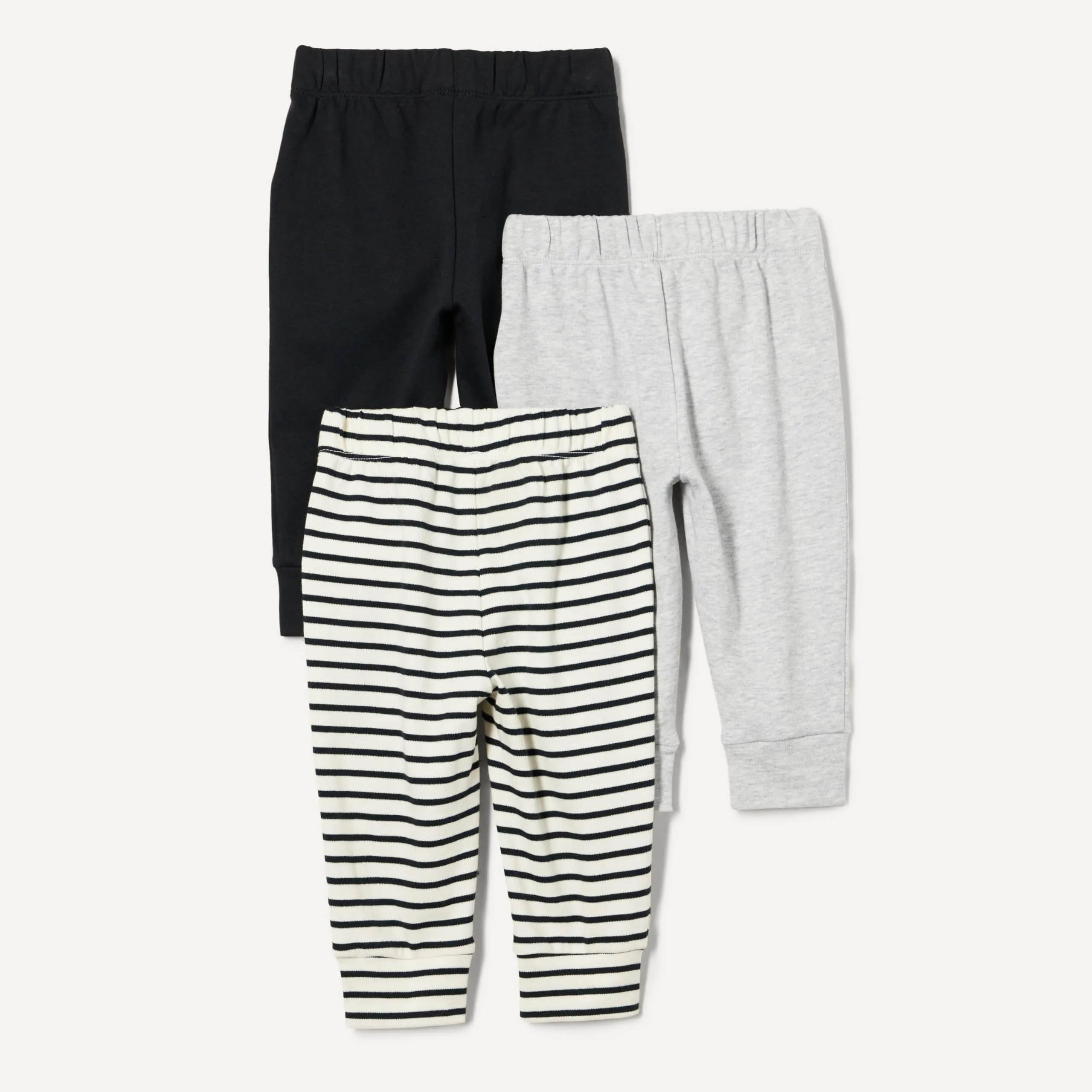 Amazon Essentials Pantaloni Senza Chiusura in Cotone Unisex Bimbi, Pacco da 3, Grigio Chiaro Puntinato/Nero/Righe, 18 mesi - immagine 2