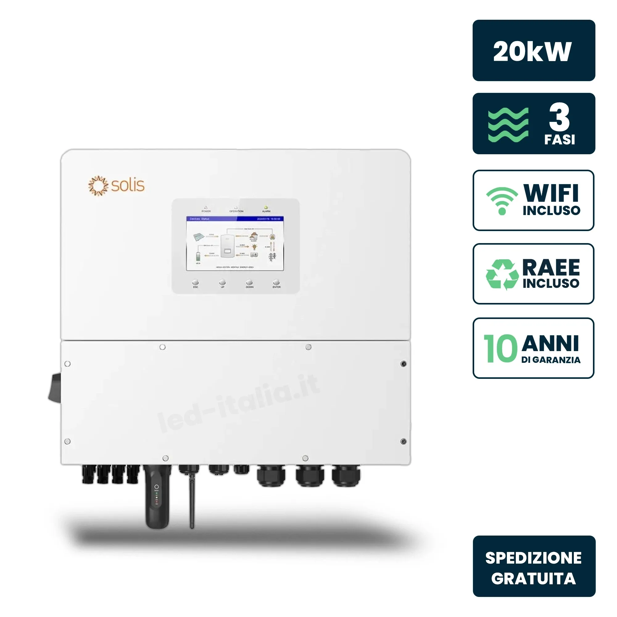 V-TAC Inverter Fotovoltaico Alta Tensione Solis Trifase Ibrido On-Grid/Off-Grid 20kW Quadruplo MPPT CEI 0-21 Schermo LCD Meter e TA Inclusi Garanzia 10 Anni IP66 - immagine 1