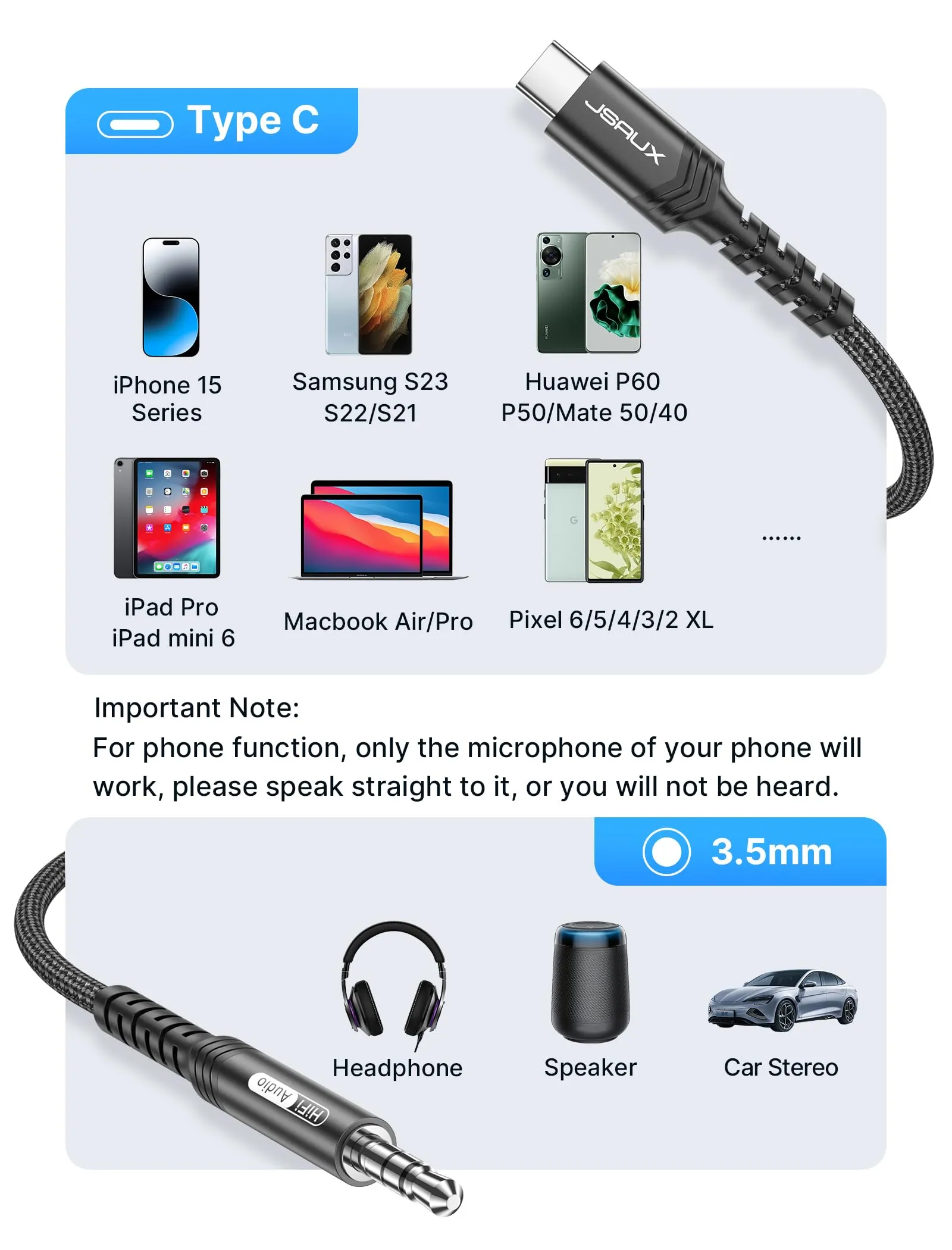 JSAUX Cavo da USB C a 3,5mm jack 0.5m, Adattatore USB C a 3,5 mm Audio Aux Cavo Cuffia Stereo Auto Compatibile con iPhone 16 Pro Max/16 Plus Samsung Galaxy S24 S23 S22 S21 Ultra, Huawei P40-Nero - immagine 6