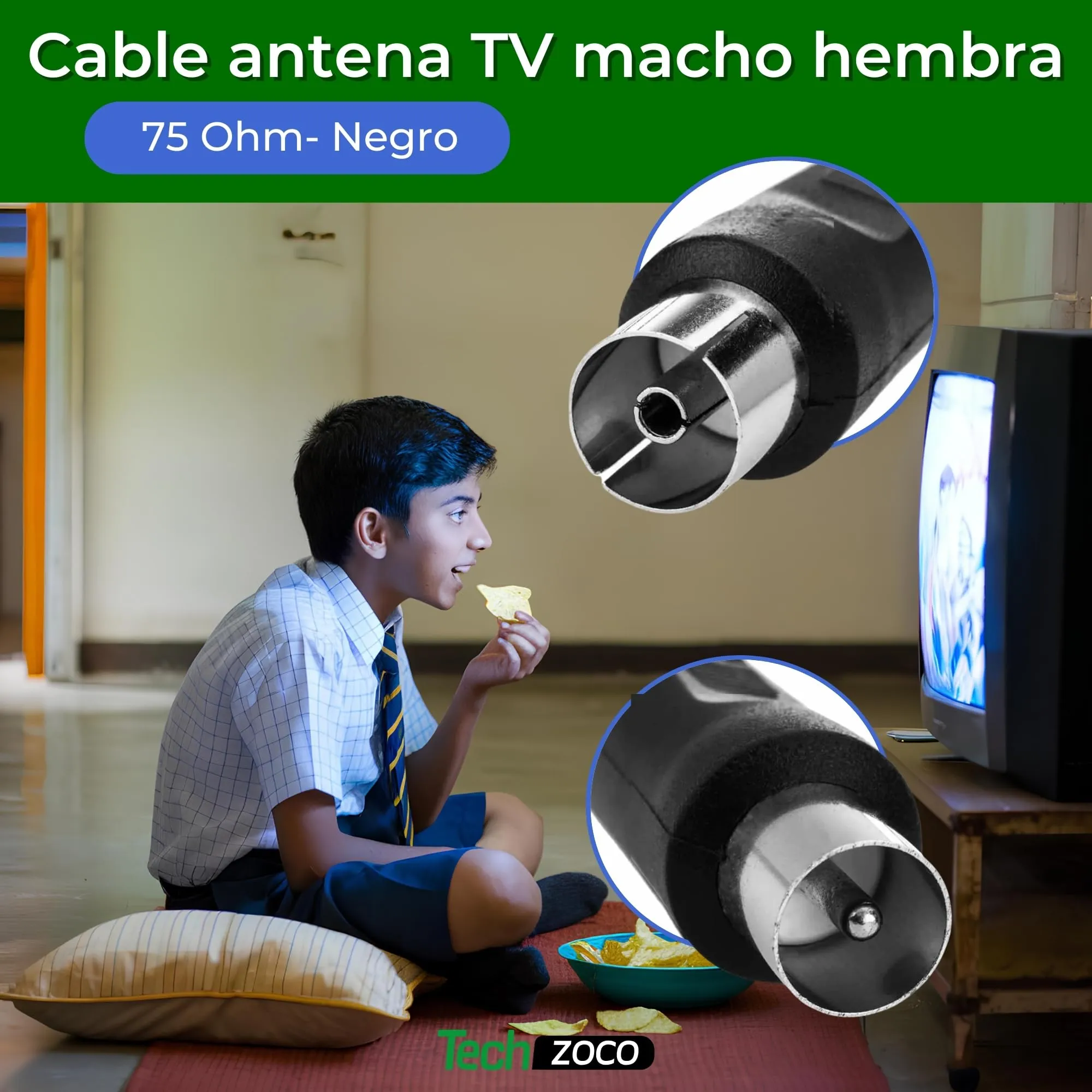 TECHZOCO Cavo Antenna TV 90° ad Angolo, 2,5m - Maschio/Femmina, Coassiale 70dB per HDTV, DVB-T2/C/S, Radio, 75 Ohm - Nero - immagine 2