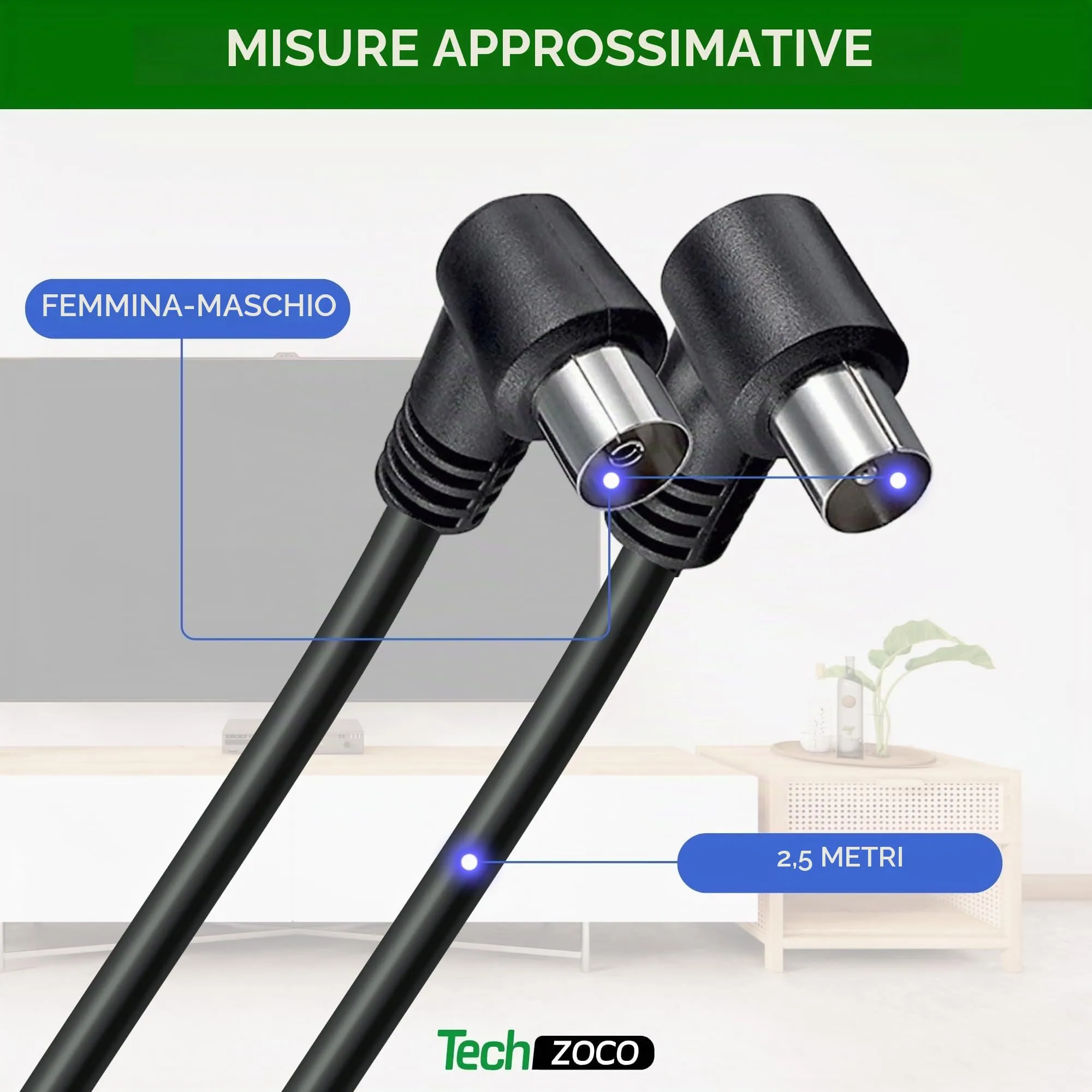 TECHZOCO Cavo Antenna TV 90° ad Angolo, 2,5m - Maschio/Femmina, Coassiale 70dB per HDTV, DVB-T2/C/S, Radio, 75 Ohm - Nero - immagine 3
