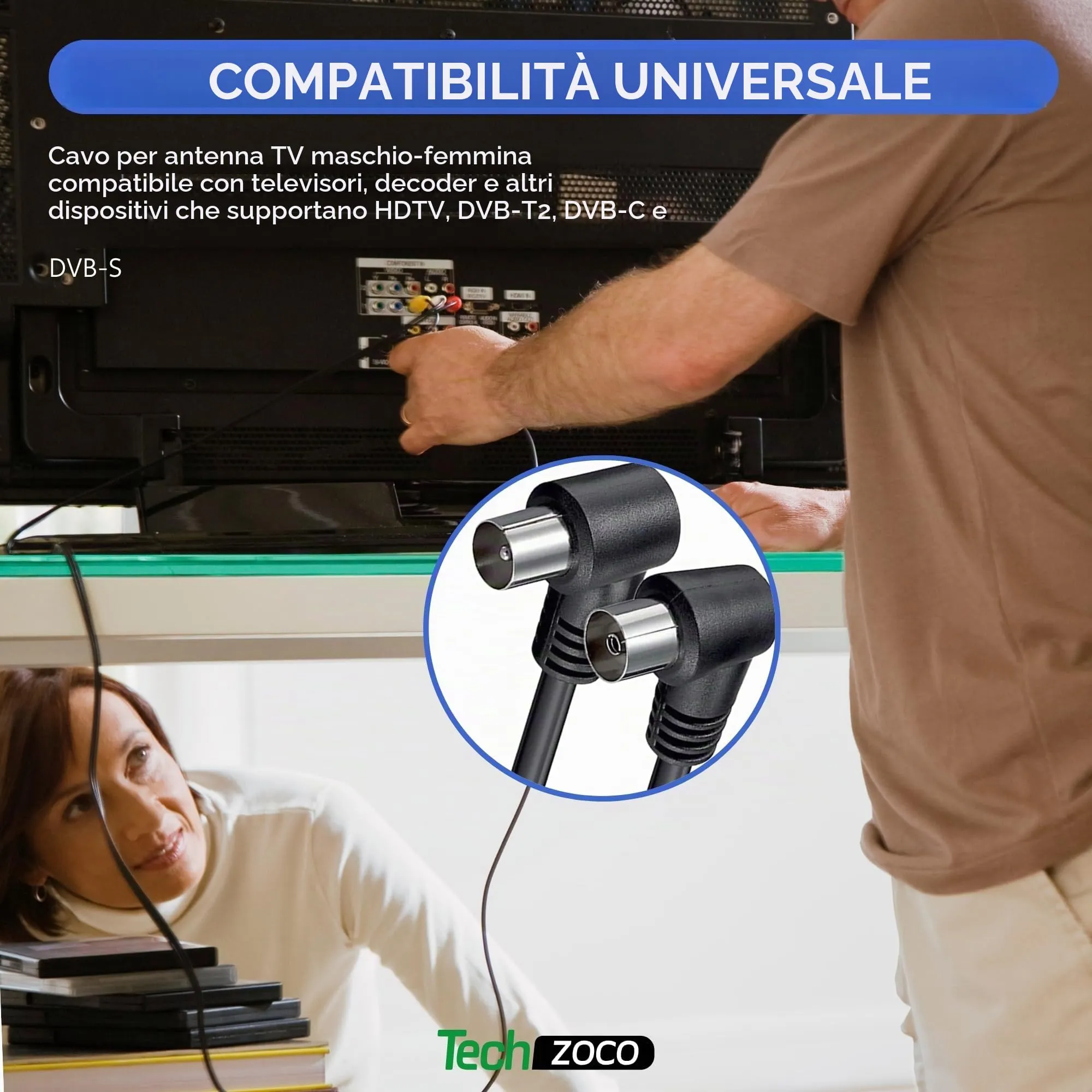 TECHZOCO Cavo Antenna TV 90° ad Angolo, 2,5m - Maschio/Femmina, Coassiale 70dB per HDTV, DVB-T2/C/S, Radio, 75 Ohm - Nero - immagine 5