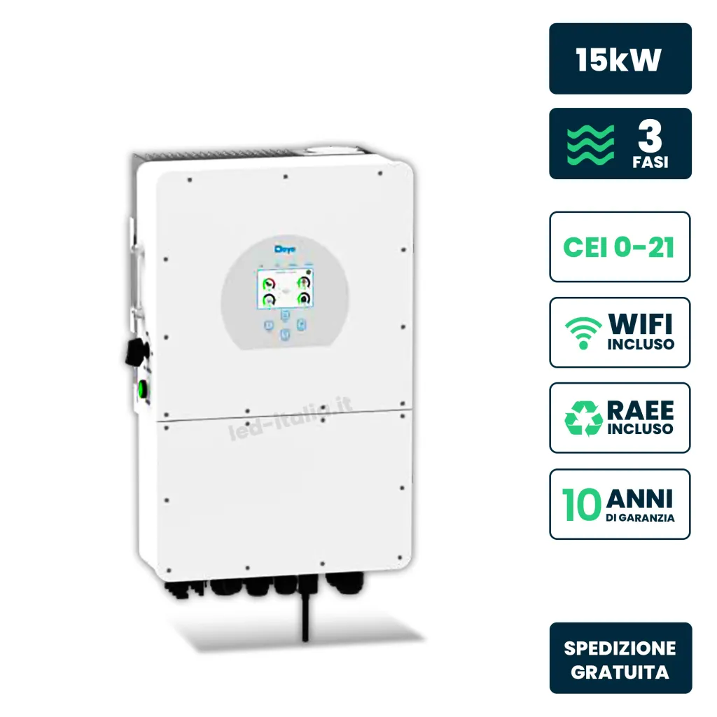 V-TAC Inverter Fotovoltaico Alta Tensione Deye Trifase Ibrido On-Grid/Off-Grid 15kW Doppio MPPT CEI 0-21 Schermo LCD Touch WiFi e TA Inclusi Garanzia 10 Anni IP65 - immagine 1