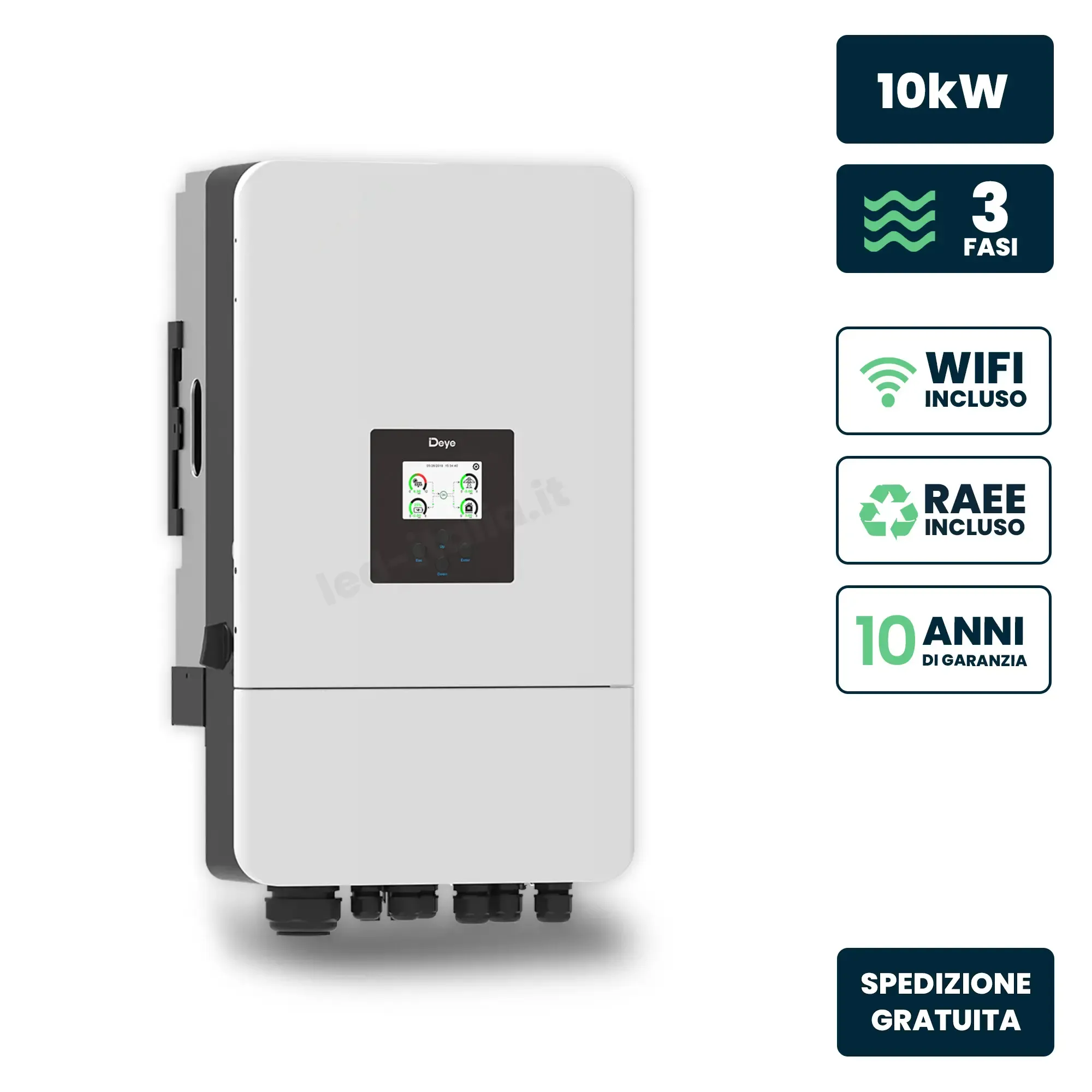 Inverter Fotovoltaico Deye Trifase Ibrido On-Grid/Off-Grid 10Kw Doppio Mppt Schermo Lcd Touch Wifi E Ta Inclusi Garanzia 10 Anni Ip65 - immagine 1