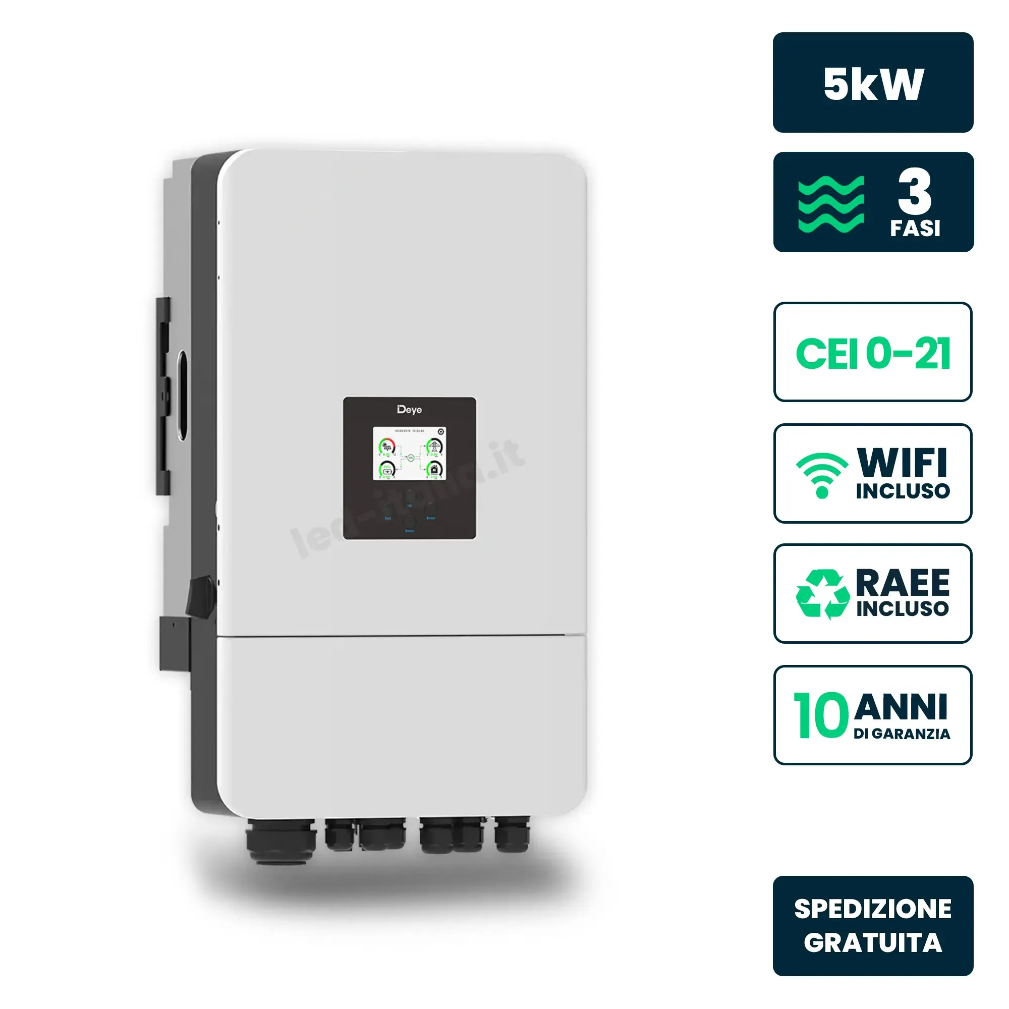 V-TAC Inverter Ibrido Trifase LV Deye 5kW WiFi CEI 0-21 Bianco IP65 - immagine 1