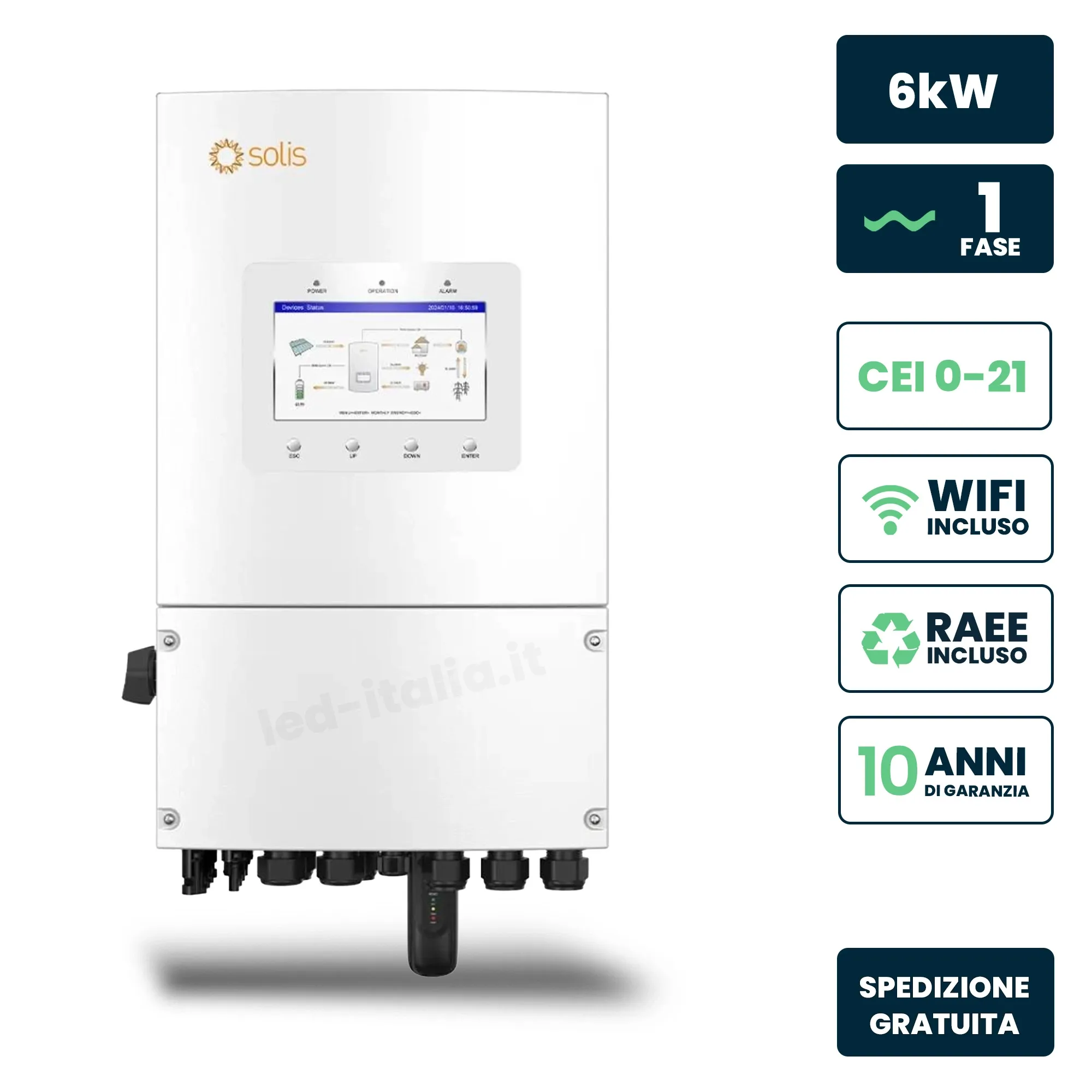 V-TAC Inverter Fotovoltaico Solis Monofase Ibrido On-Grid/Off-Grid 6kW Doppio MPPT CEI 0-21 Schermo LCD WiFi e TA Inclusi Garanzia 10 Anni IP66 - immagine 1