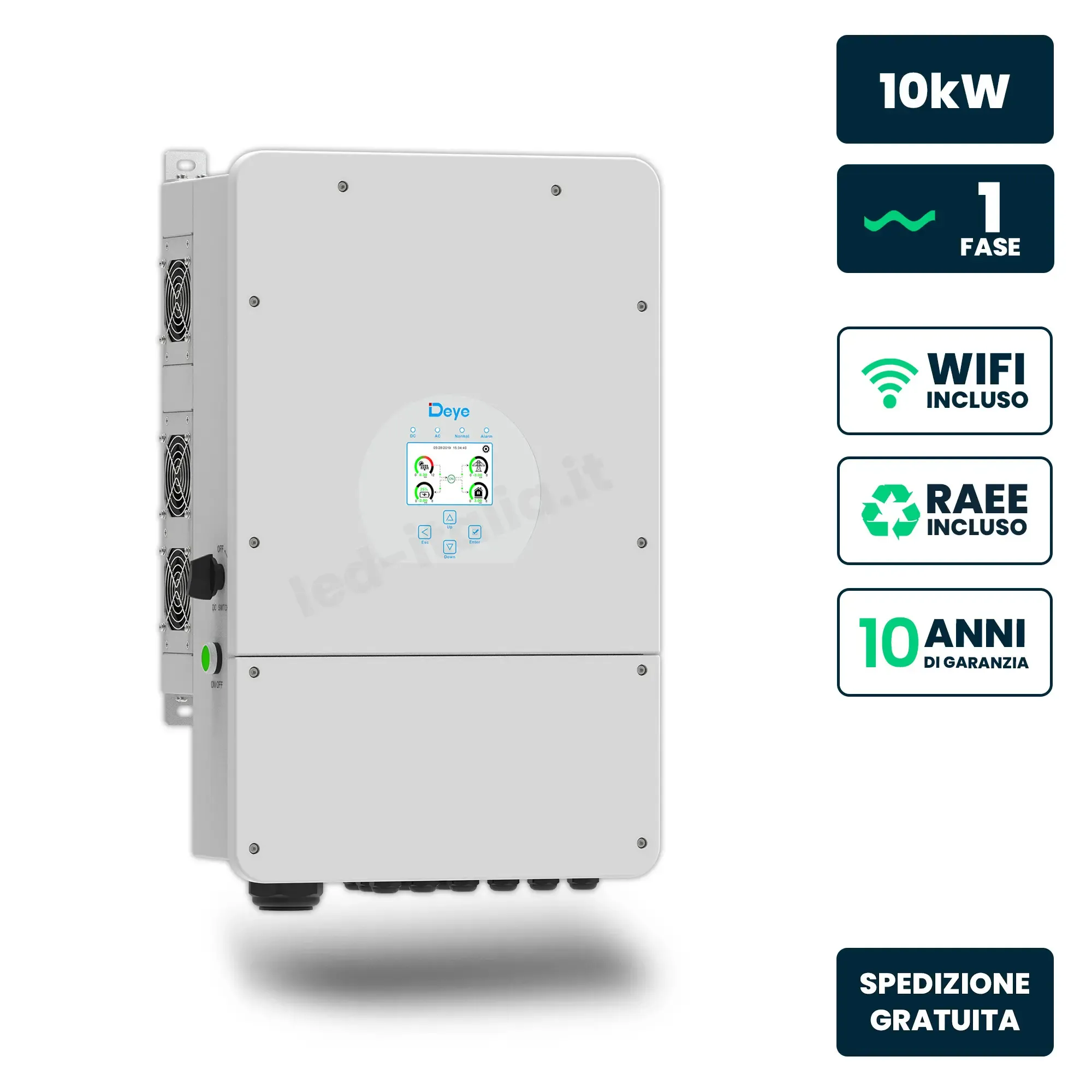 V-TAC Inverter Ibrido Monofase LV Deye 10kW WiFi senza CEI 0-21 Bianco IP65 - immagine 1