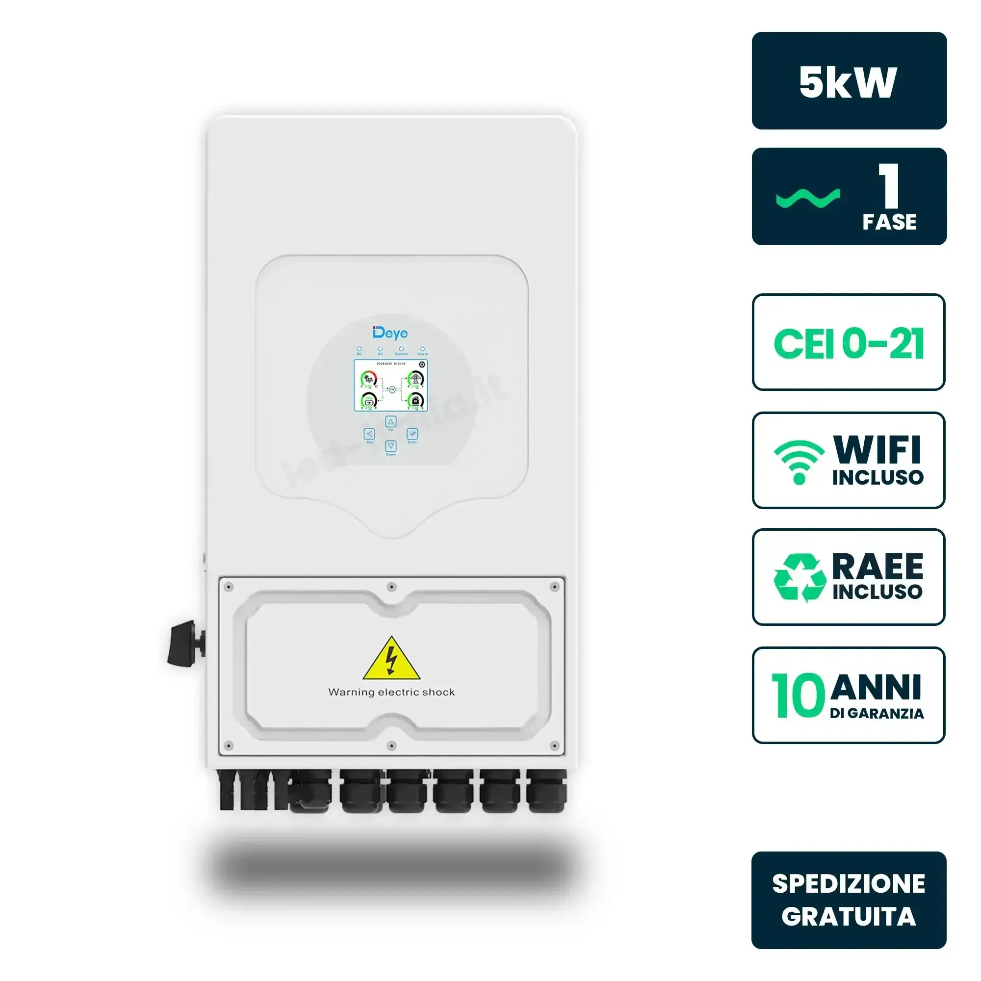 V-TAC Inverter Ibrido Monofase LV Deye 5kW WiFi CEI 0-21 Bianco IP65 - immagine 1