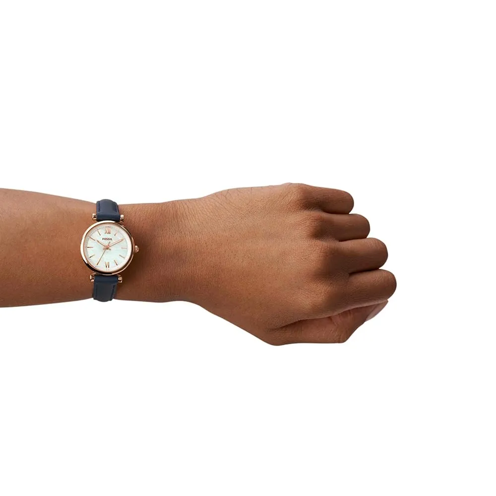 Fossil Orologio Carlie da donna, Movimento al quarzo a tre lancette con cinturino in pelle, Blu E Oro Rosa - immagine 5