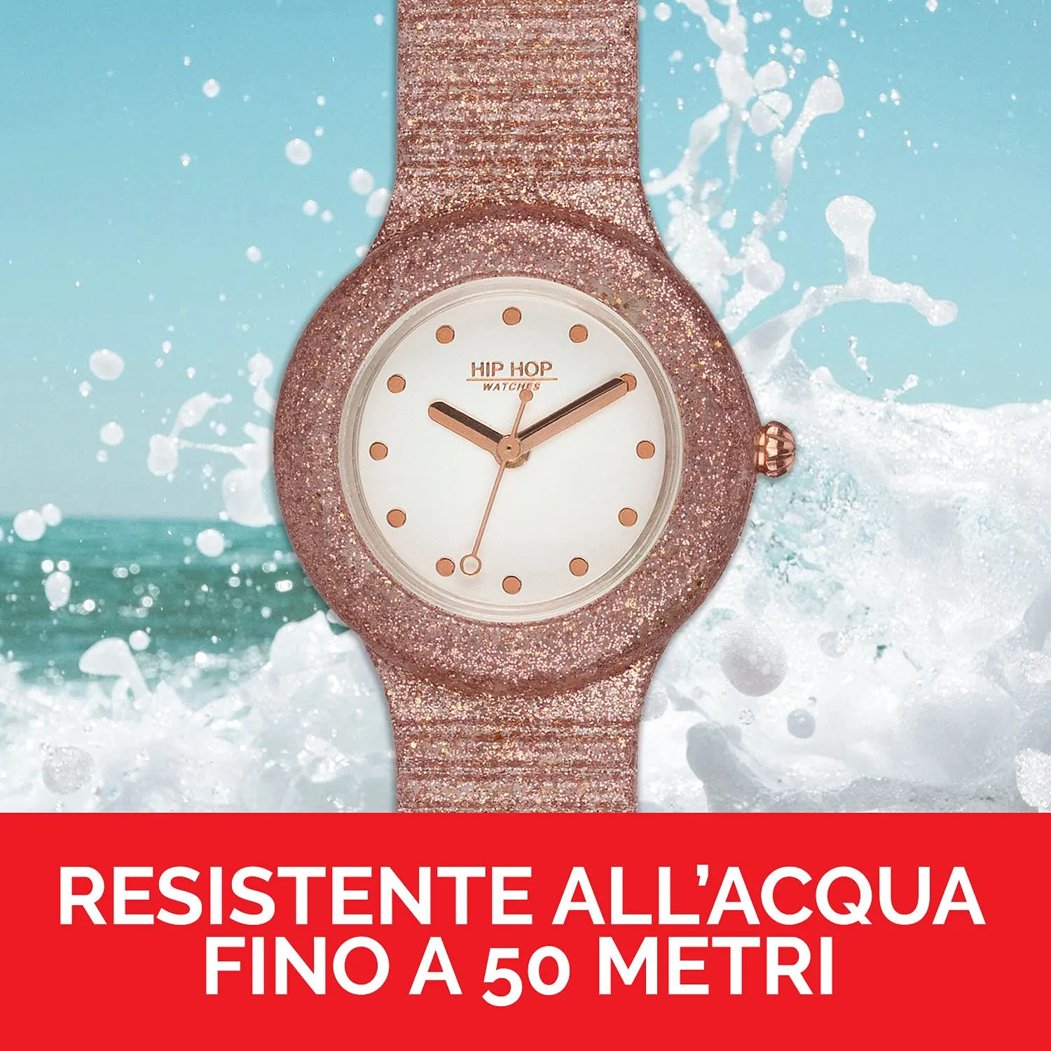 HIP HOP Orologio Solo Tempo Rose Gold Sparkling Mania per Donna e Bambina Completamente Glitterato in Silicone Morbido Resistente all'Acqua HWU0969 - immagine 5