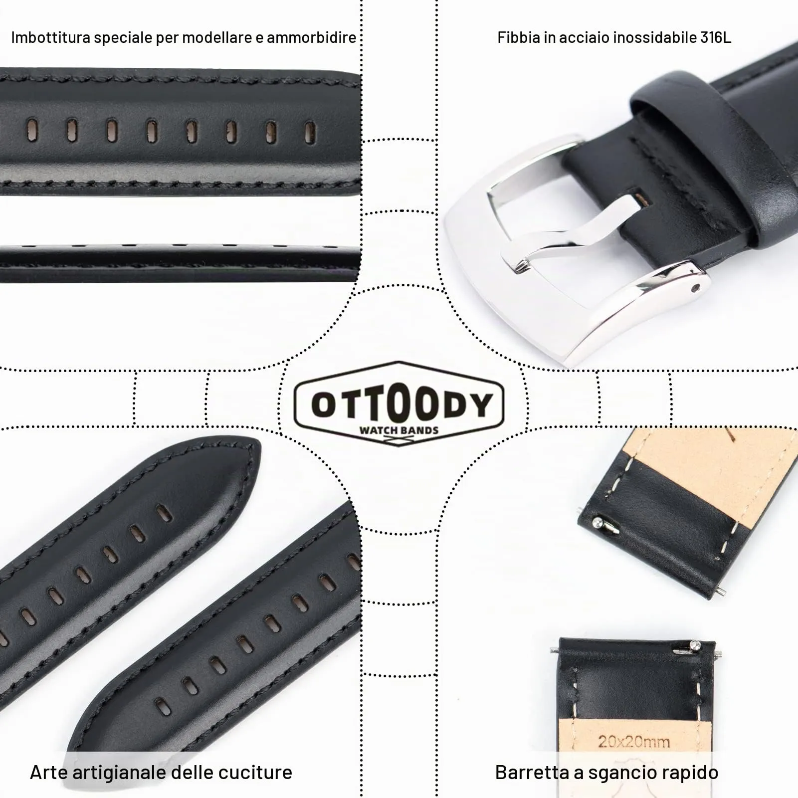 OTTOODY Cinturini Orologio in Pelle a Sgancio Rapido 18mm 19mm 20mm 21mm 22mm, Eleganti Cinturini per Orologi in Pelle a Grana Superiore Cinturino di Ricambio per Uomini Donne, Orologio e Smartwatch - immagine 4