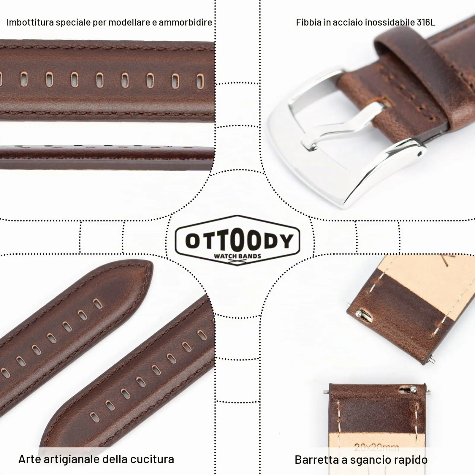 OTTOODY Cinturini Orologio in Pelle a Sgancio Rapido 18mm 19mm 20mm 21mm 22mm, Eleganti Cinturini per Orologi in Pelle a Grana Superiore Cinturino di Ricambio per Uomini Donne, Orologio e Smartwatch - immagine 4