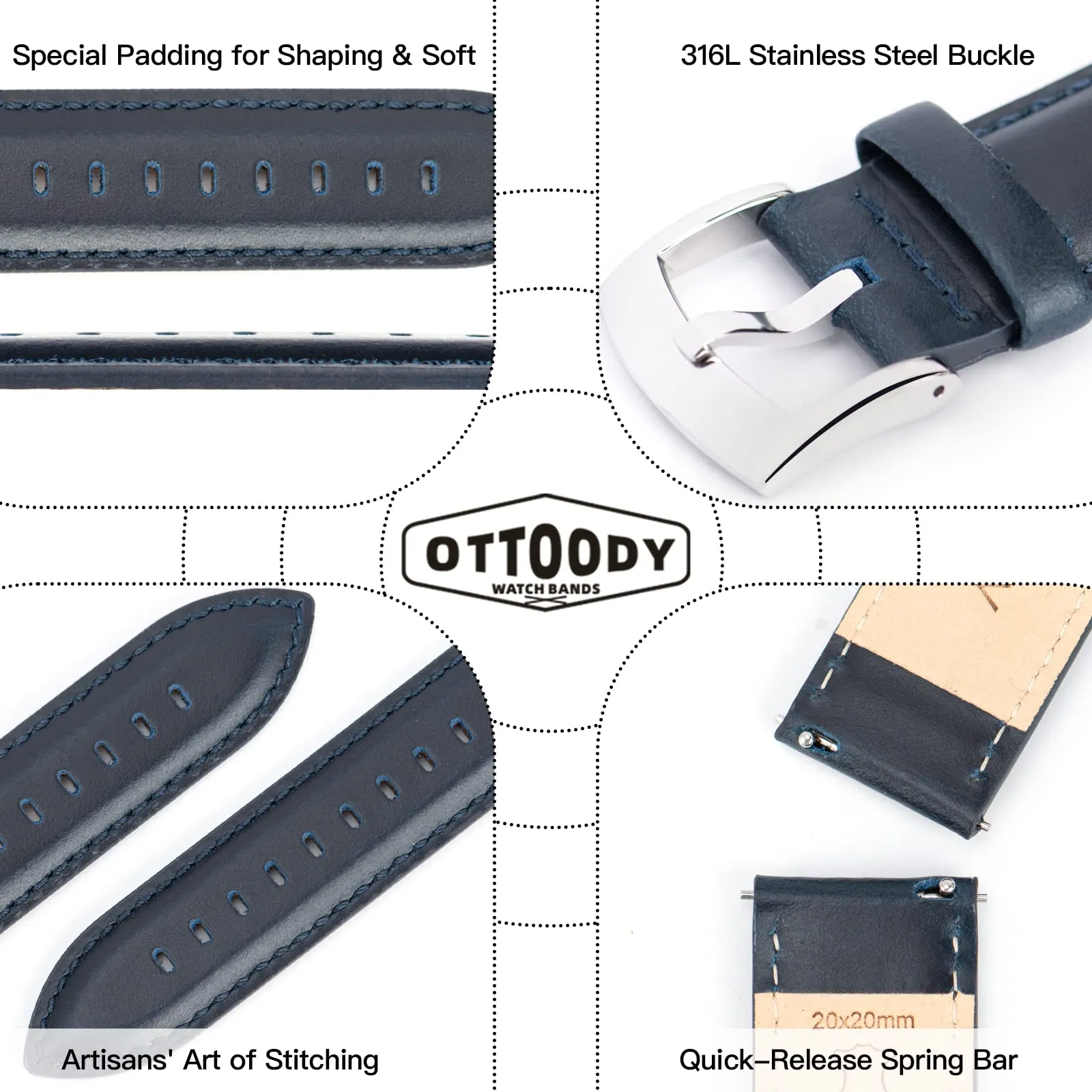 OTTOODY Cinturini Orologio in Pelle a Sgancio Rapido 18mm 19mm 20mm 21mm 22mm, Eleganti Cinturini per Orologi in Pelle a Grana Superiore Cinturino di Ricambio per Uomini Donne, Orologio e Smartwatch - immagine 4