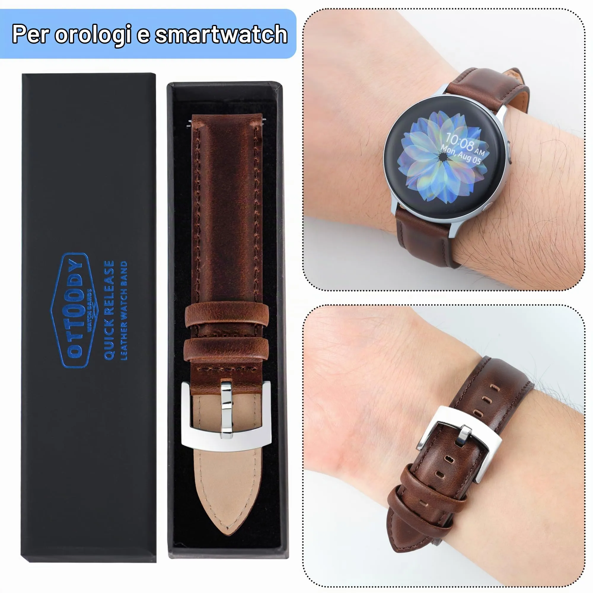 OTTOODY Cinturini Orologio in Pelle a Sgancio Rapido 18mm 19mm 20mm 21mm 22mm, Eleganti Cinturini per Orologi in Pelle a Grana Superiore Cinturino di Ricambio per Uomini Donne, Orologio e Smartwatch - immagine 7