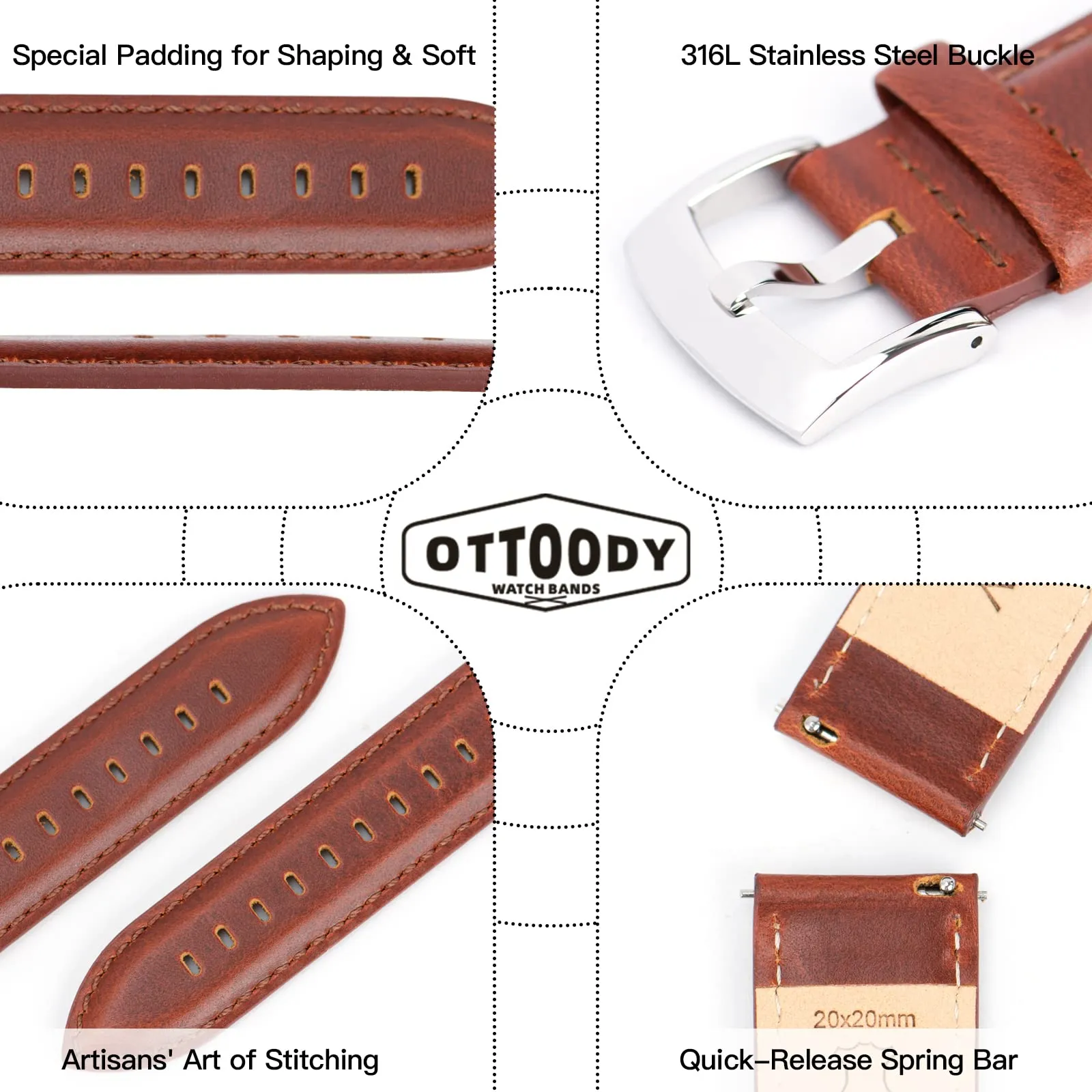 OTTOODY Cinturini Orologio in Pelle a Sgancio Rapido 18mm 19mm 20mm 21mm 22mm, Eleganti Cinturini per Orologi in Pelle a Grana Superiore Cinturino di Ricambio per Uomini Donne, Orologio e Smartwatch - immagine 4