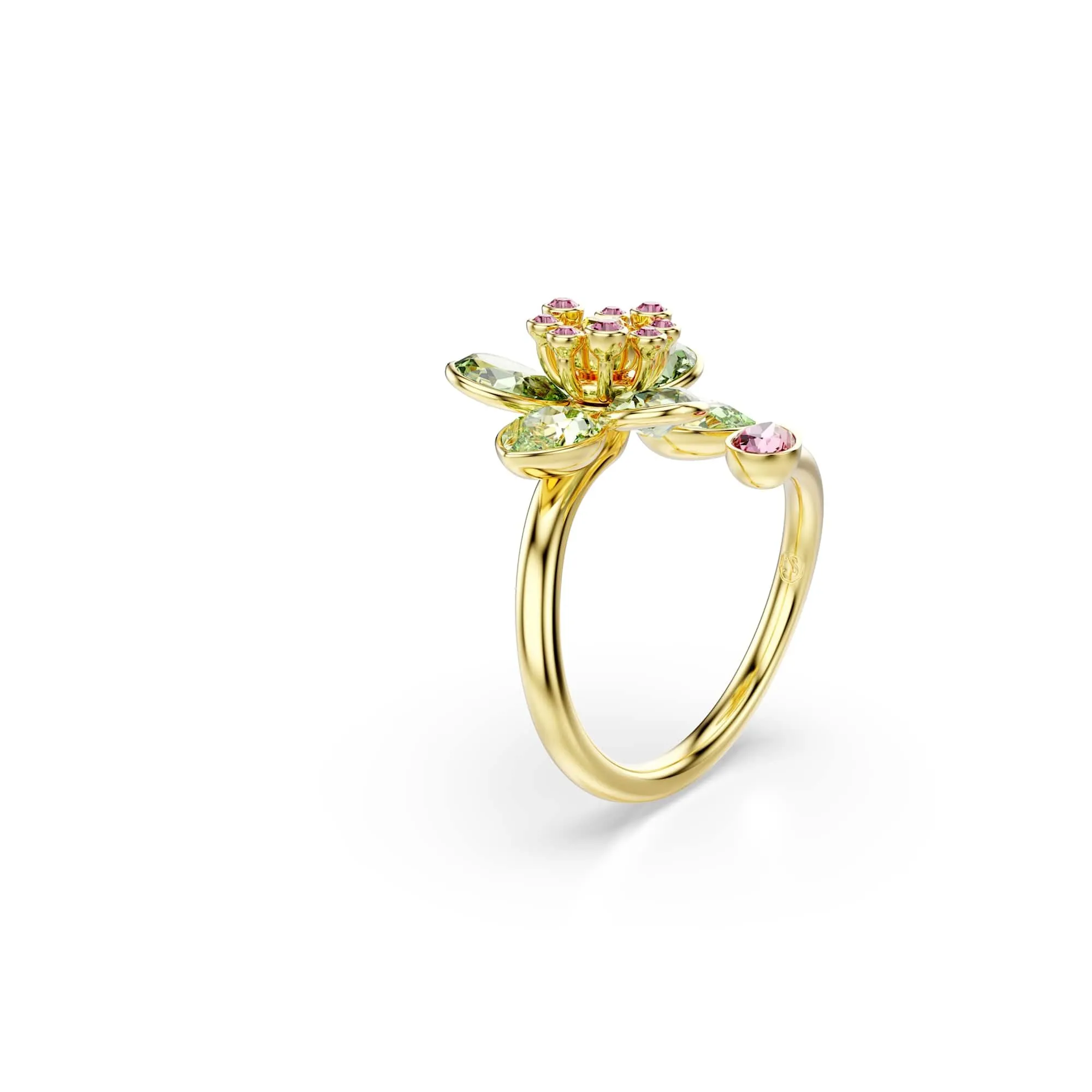 Swarovski Idyllia Anello Aperto, Gioiello Versatile con Cristalli Verdi, Rosa e Gialli, Pietre Preziose a Taglio Misto, Motivo a Fiore, Placcatura in Tonalità Oro, Taglia 55 - immagine 2