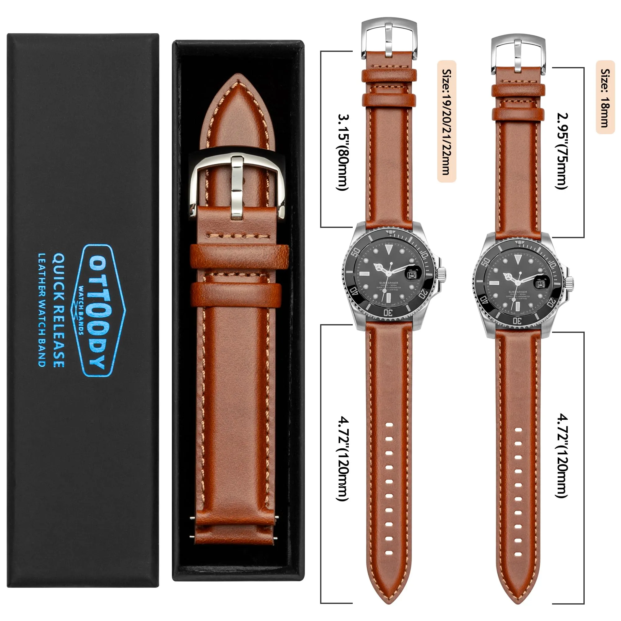 OTTOODY Cinturini Orologio in Pelle a Sgancio Rapido 18mm 19mm 20mm 21mm 22mm, Eleganti Cinturini per Orologi in Pelle a Grana Superiore Cinturino di Ricambio per Uomini Donne, Orologio e Smartwatch - immagine 4