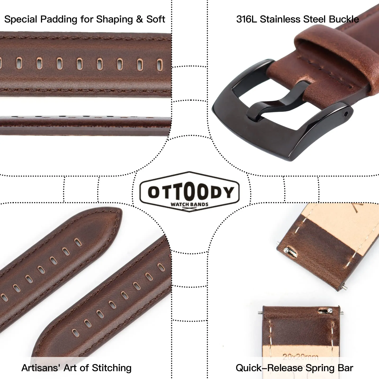 OTTOODY Cinturini Orologio in Pelle a Sgancio Rapido 18mm 19mm 20mm 21mm 22mm, Eleganti Cinturini per Orologi in Pelle a Grana Superiore Cinturino di Ricambio per Uomini Donne, Orologio e Smartwatch - immagine 4