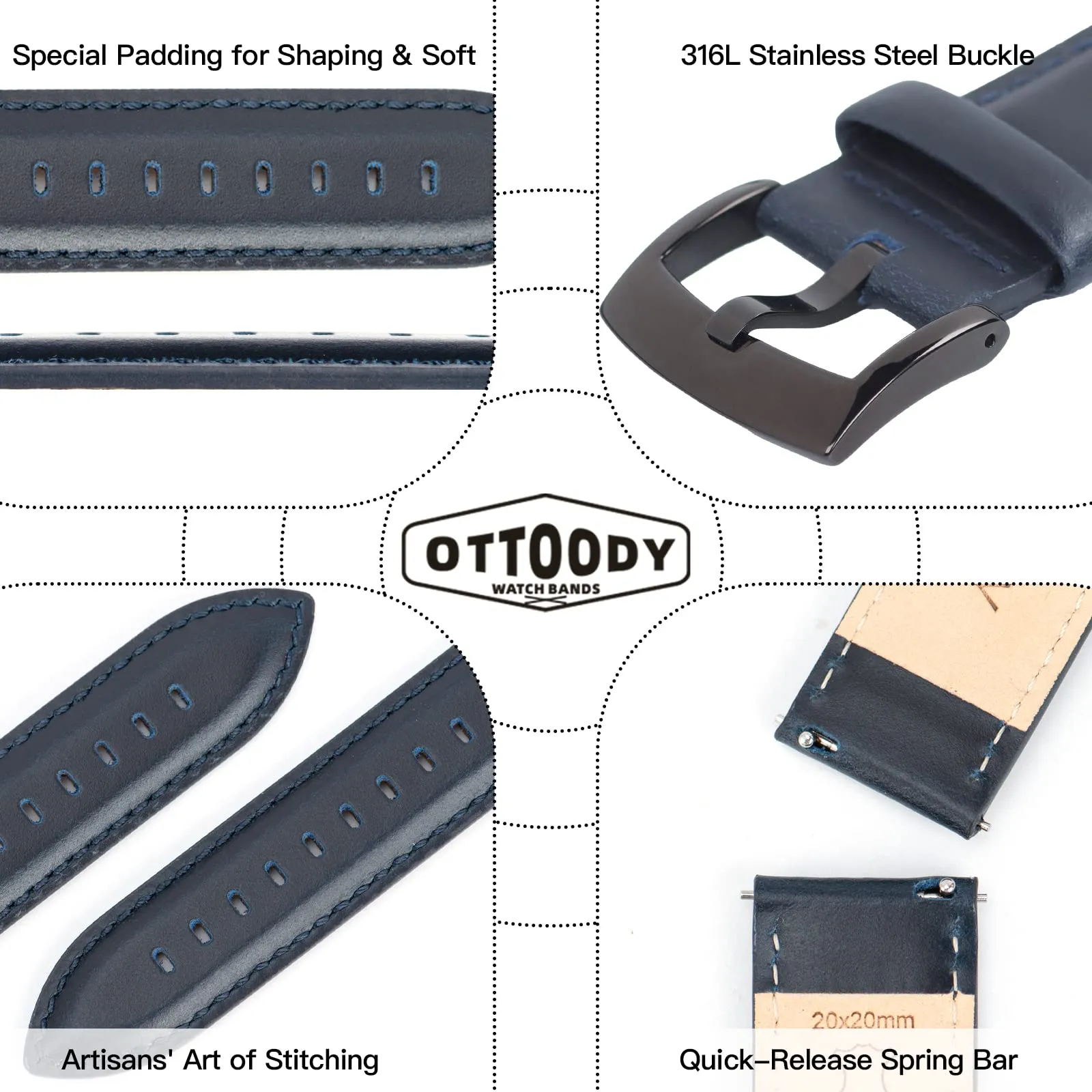 OTTOODY Cinturini Orologio in Pelle a Sgancio Rapido 18mm 19mm 20mm 21mm 22mm, Eleganti Cinturini per Orologi in Pelle a Grana Superiore Cinturino di Ricambio per Uomini Donne, Orologio e Smartwatch - immagine 4