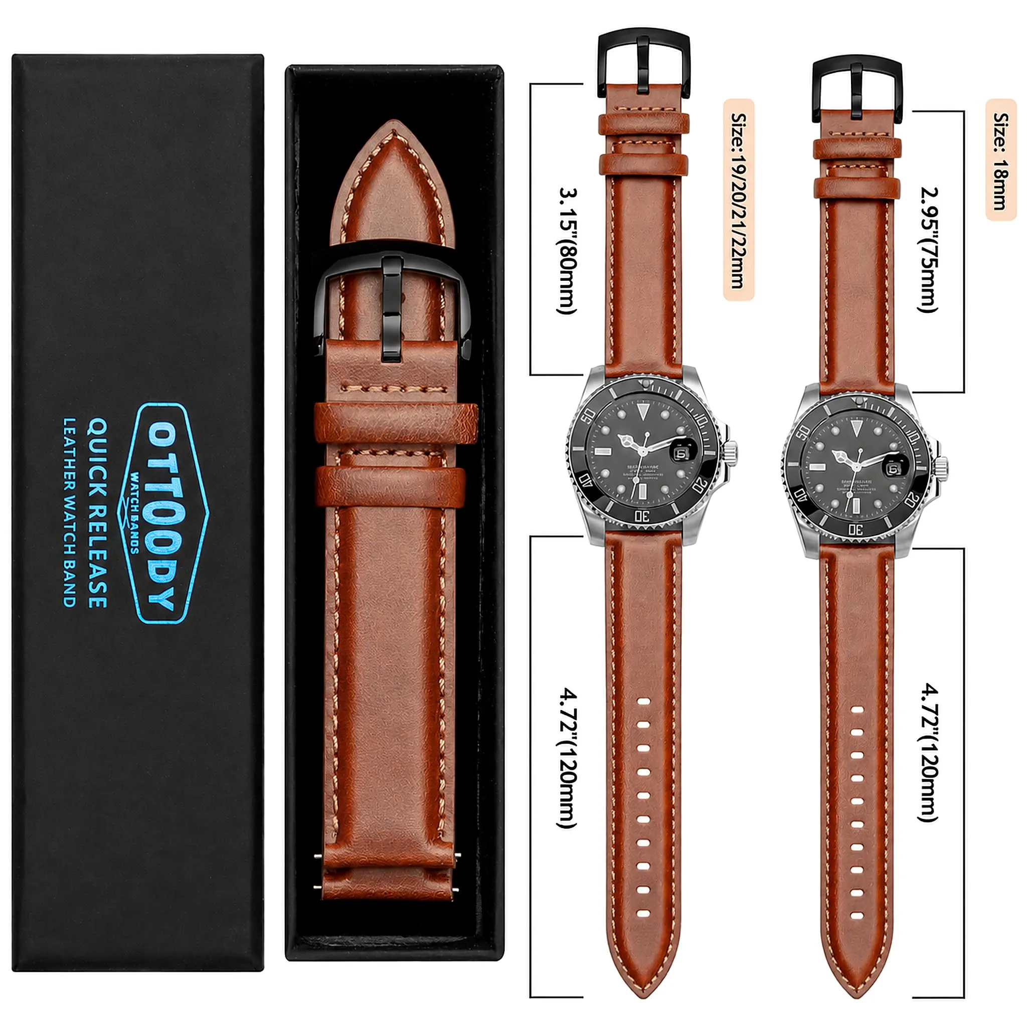 OTTOODY Cinturini Orologio in Pelle a Sgancio Rapido 18mm 19mm 20mm 21mm 22mm, Eleganti Cinturini per Orologi in Pelle a Grana Superiore Cinturino di Ricambio per Uomini Donne, Orologio e Smartwatch - immagine 4