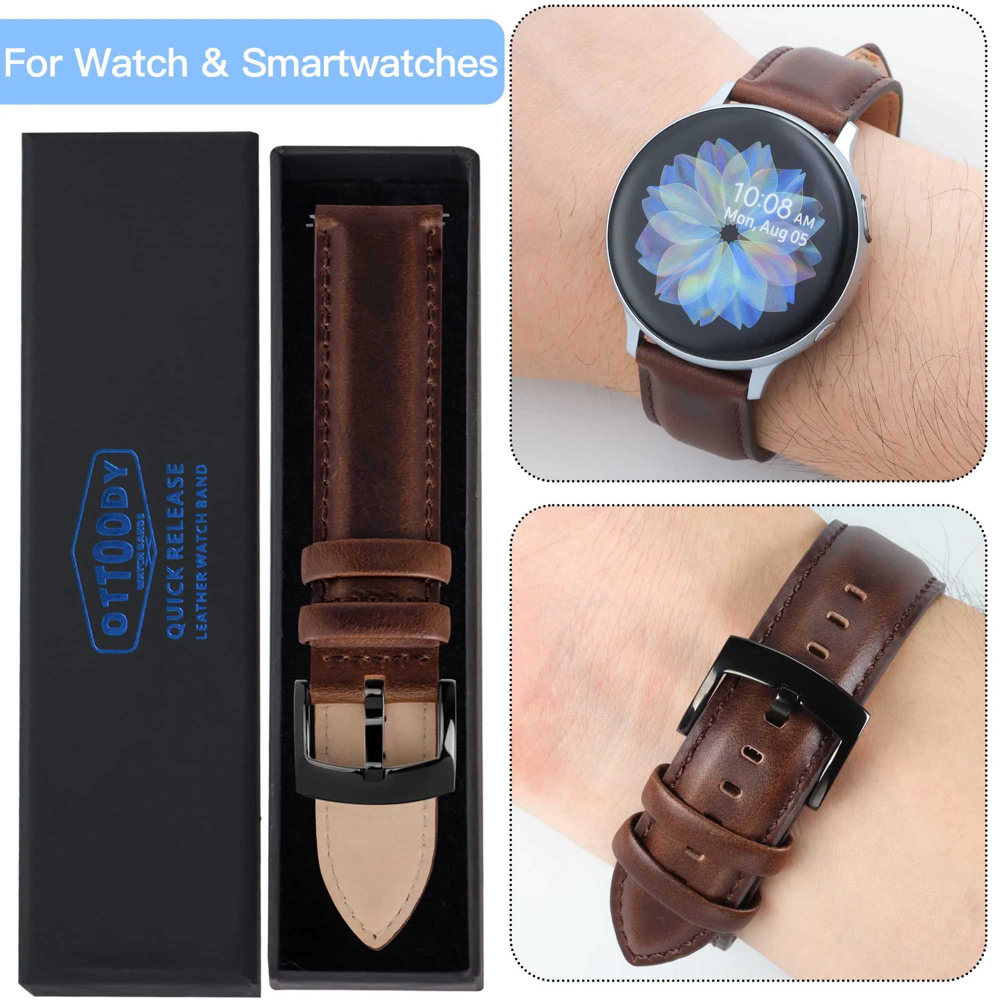 OTTOODY Cinturini Orologio in Pelle a Sgancio Rapido 18mm 19mm 20mm 21mm 22mm, Eleganti Cinturini per Orologi in Pelle a Grana Superiore Cinturino di Ricambio per Uomini Donne, Orologio e Smartwatch - immagine 7