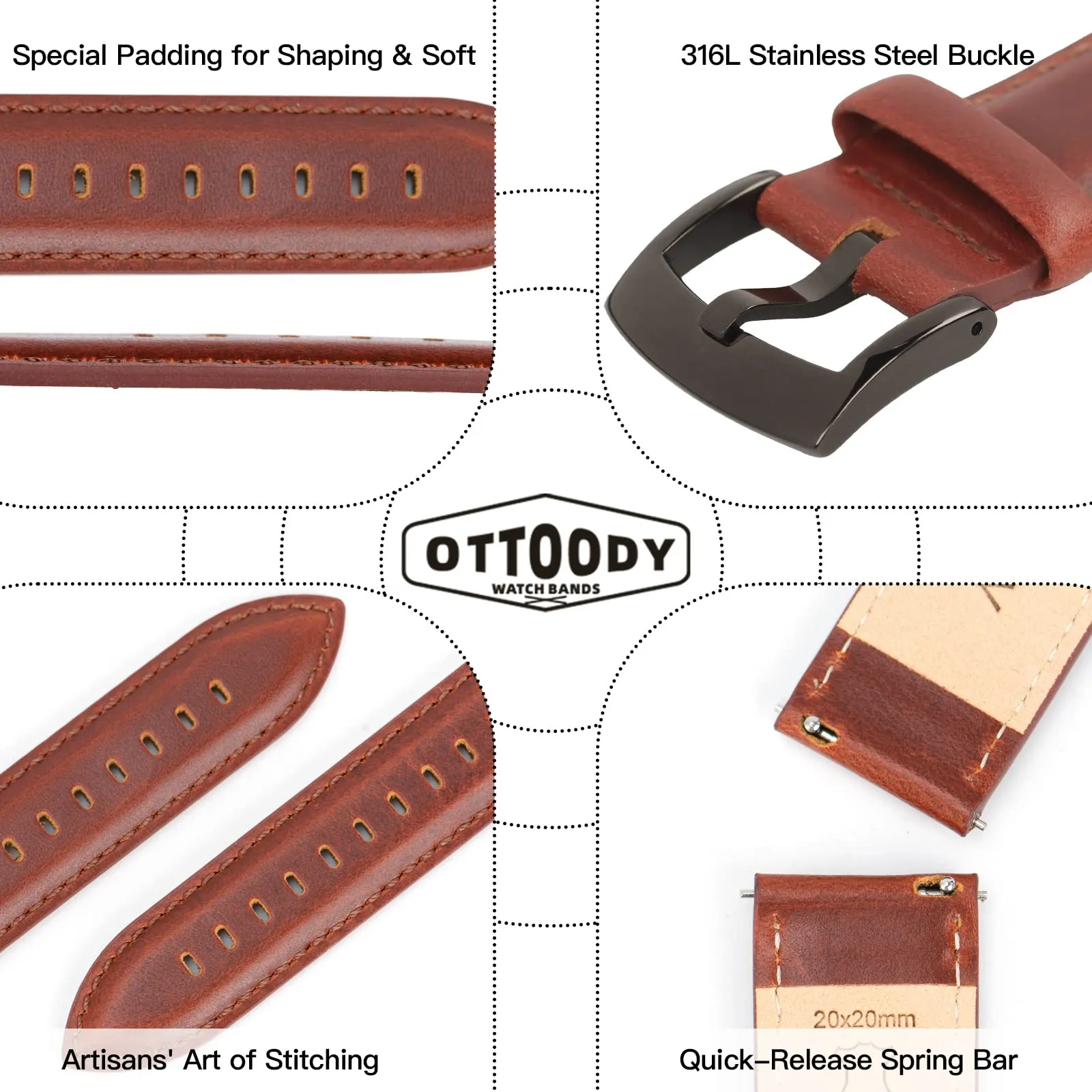 OTTOODY Cinturini Orologio in Pelle a Sgancio Rapido 18mm 19mm 20mm 21mm 22mm, Eleganti Cinturini per Orologi in Pelle a Grana Superiore Cinturino di Ricambio per Uomini Donne, Orologio e Smartwatch - immagine 4