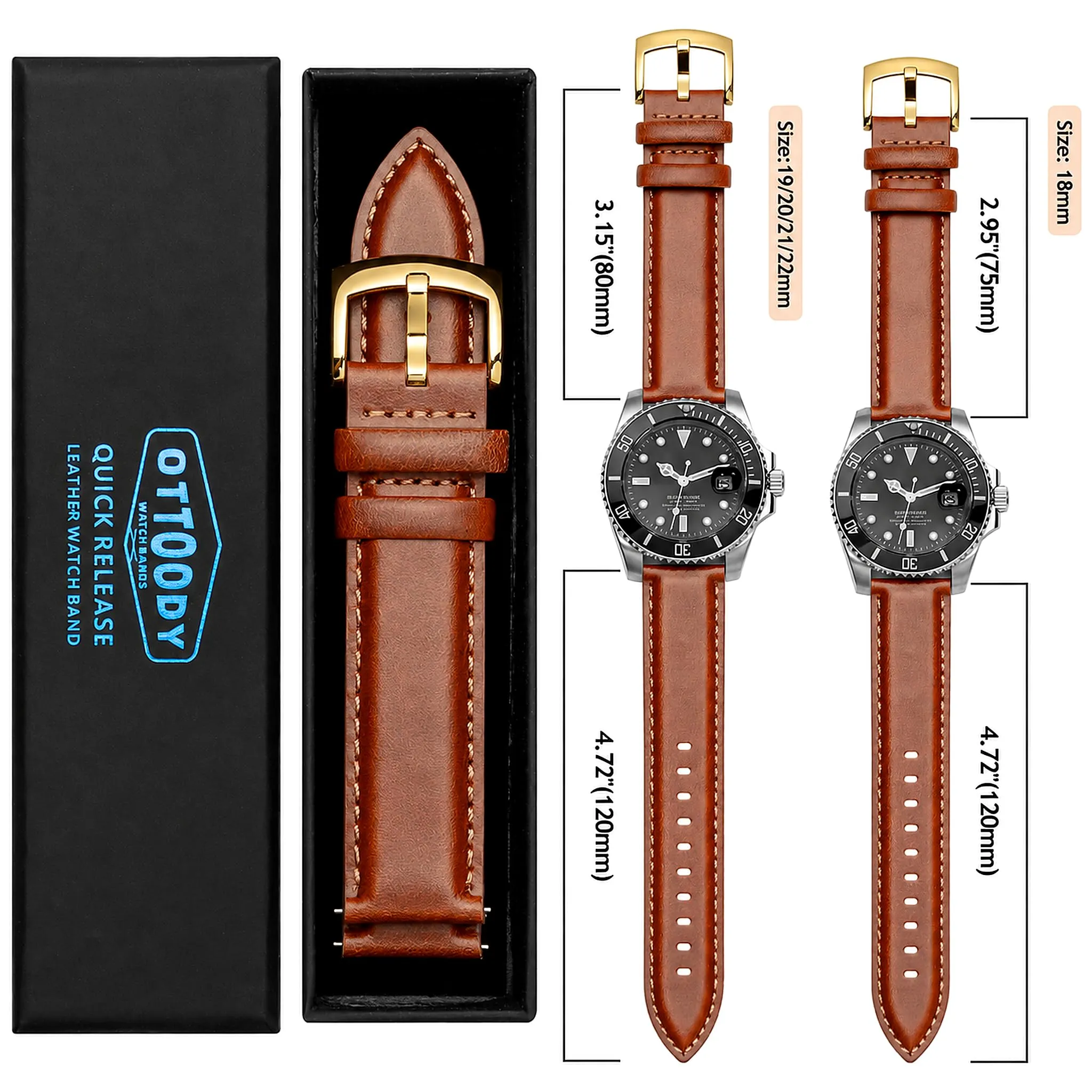 OTTOODY Cinturini Orologio in Pelle a Sgancio Rapido 18mm 19mm 20mm 21mm 22mm, Eleganti Cinturini per Orologi in Pelle a Grana Superiore Cinturino di Ricambio per Uomini Donne, Orologio e Smartwatch - immagine 4