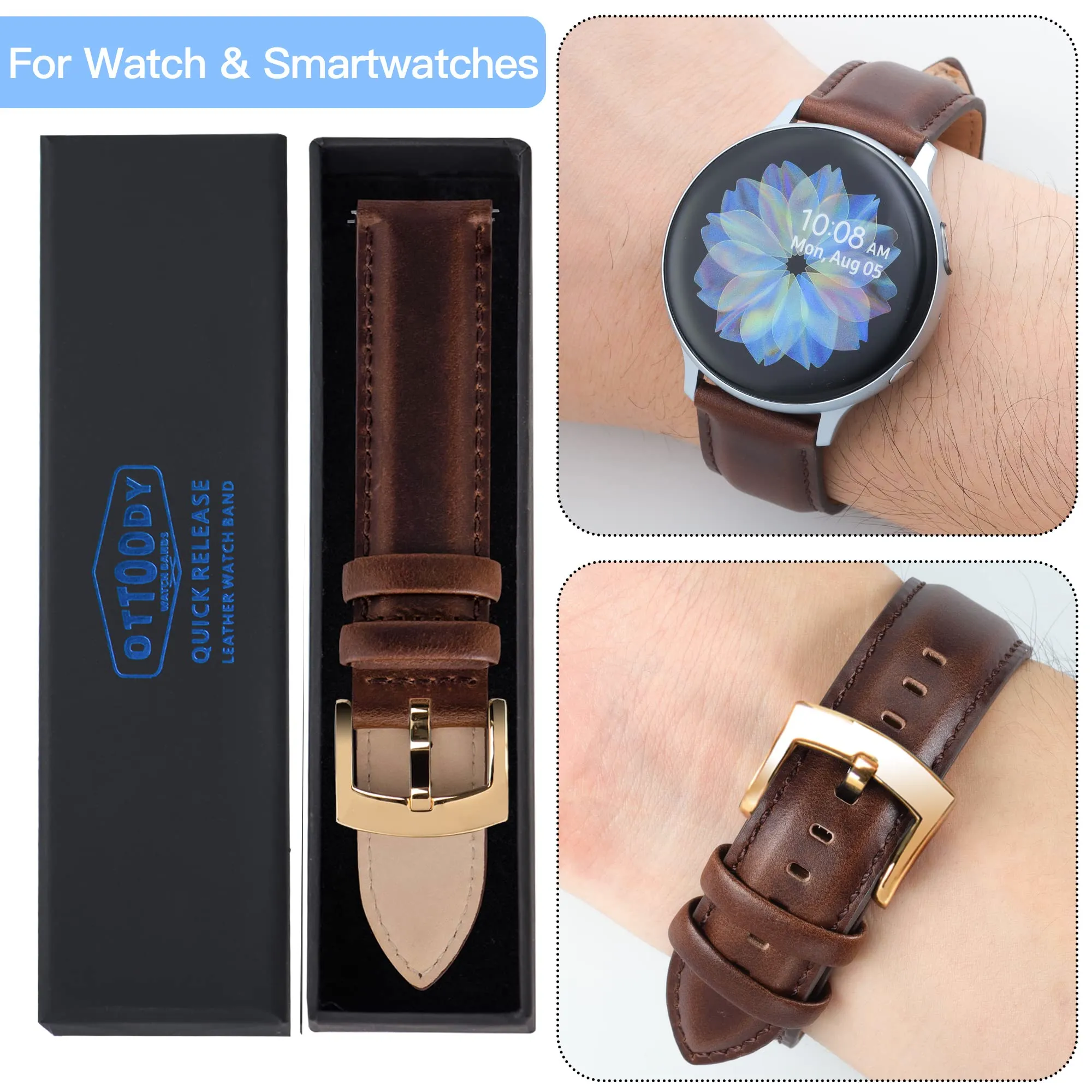 OTTOODY Cinturini Orologio in Pelle a Sgancio Rapido 18mm 19mm 20mm 21mm 22mm, Eleganti Cinturini per Orologi in Pelle a Grana Superiore Cinturino di Ricambio per Uomini Donne, Orologio e Smartwatch - immagine 7