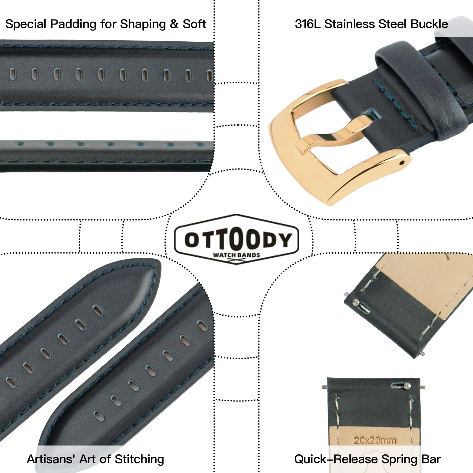 OTTOODY Cinturini Orologio in Pelle a Sgancio Rapido 18mm 19mm 20mm 21mm 22mm, Eleganti Cinturini per Orologi in Pelle a Grana Superiore Cinturino di Ricambio per Uomini Donne, Orologio e Smartwatch - immagine 4