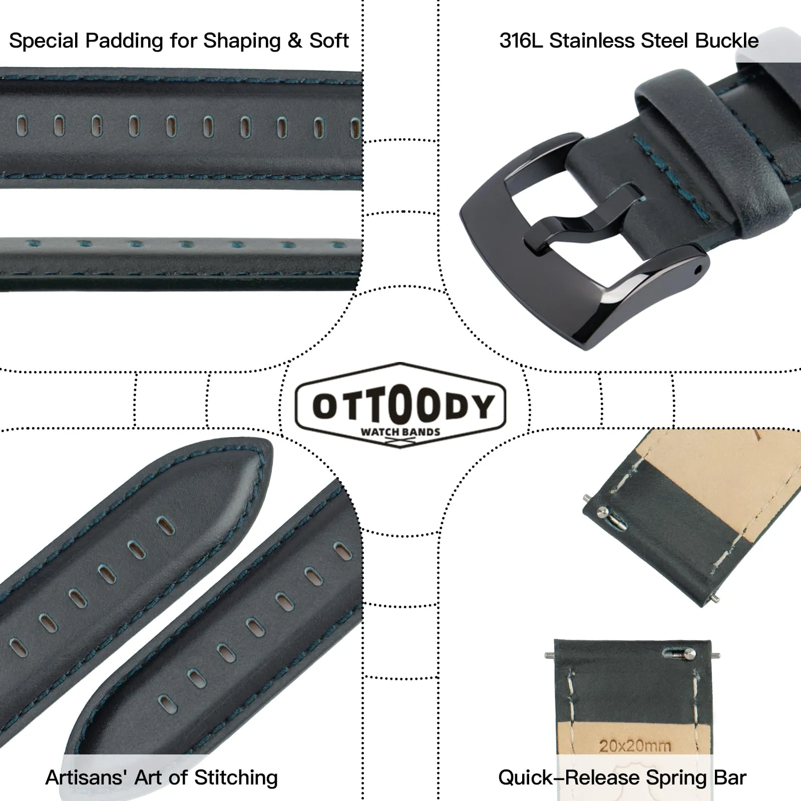 OTTOODY Cinturini Orologio in Pelle a Sgancio Rapido 18mm 19mm 20mm 21mm 22mm, Eleganti Cinturini per Orologi in Pelle a Grana Superiore Cinturino di Ricambio per Uomini Donne, Orologio e Smartwatch - immagine 4