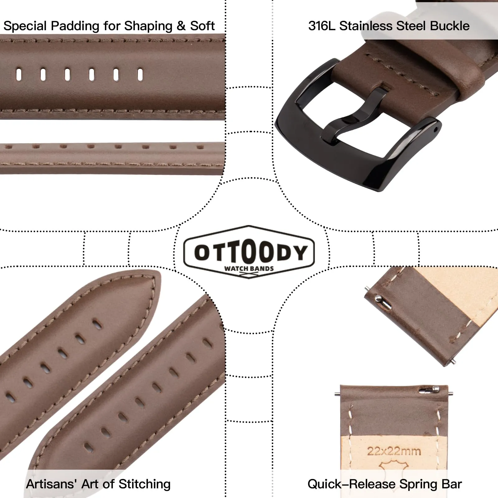 OTTOODY Cinturini Orologio in Pelle a Sgancio Rapido 18mm 19mm 20mm 21mm 22mm, Eleganti Cinturini per Orologi in Pelle a Grana Superiore Cinturino di Ricambio per Uomini Donne, Orologio e Smartwatch - immagine 4