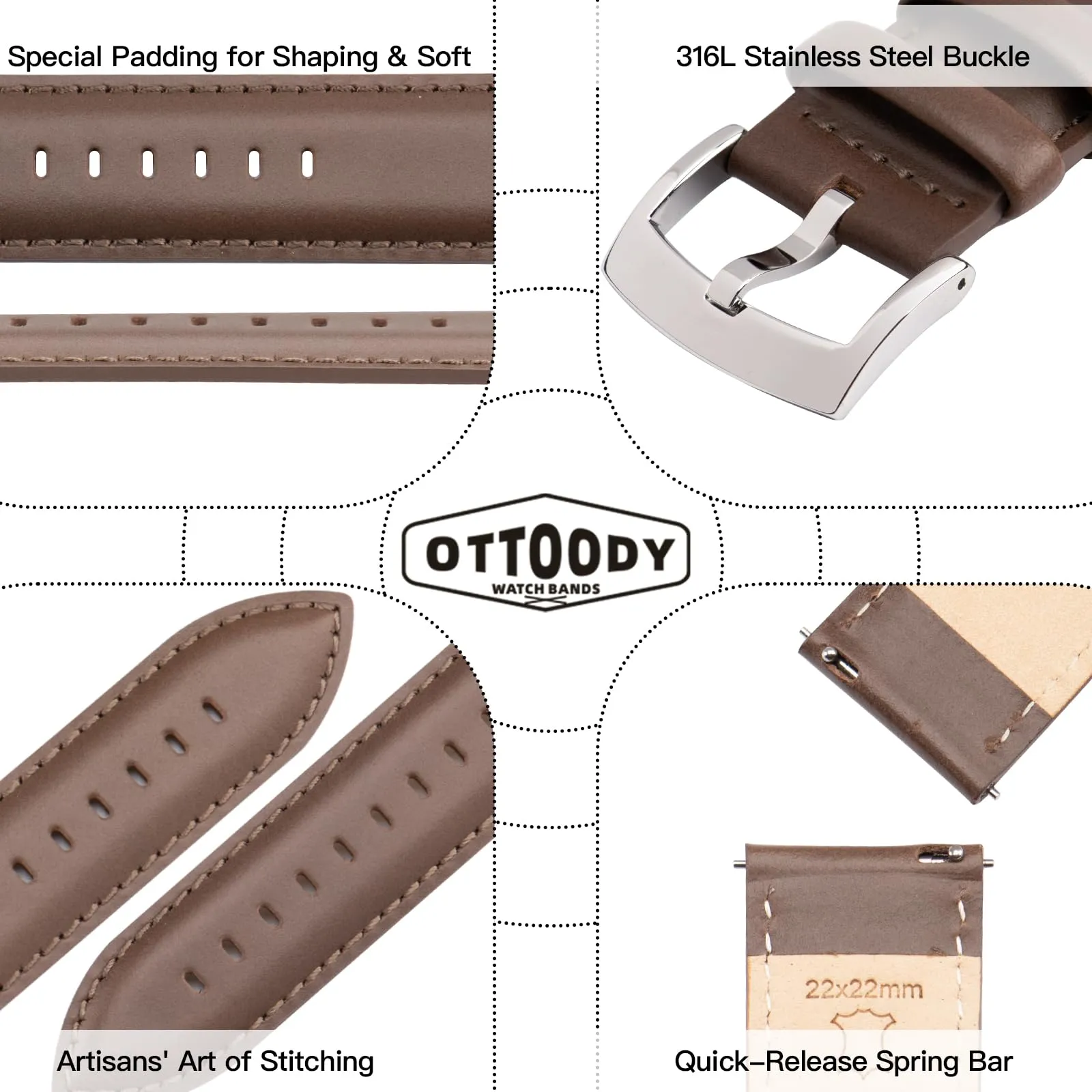 OTTOODY Cinturini Orologio in Pelle a Sgancio Rapido 18mm 19mm 20mm 21mm 22mm, Eleganti Cinturini per Orologi in Pelle a Grana Superiore Cinturino di Ricambio per Uomini Donne, Orologio e Smartwatch - immagine 4