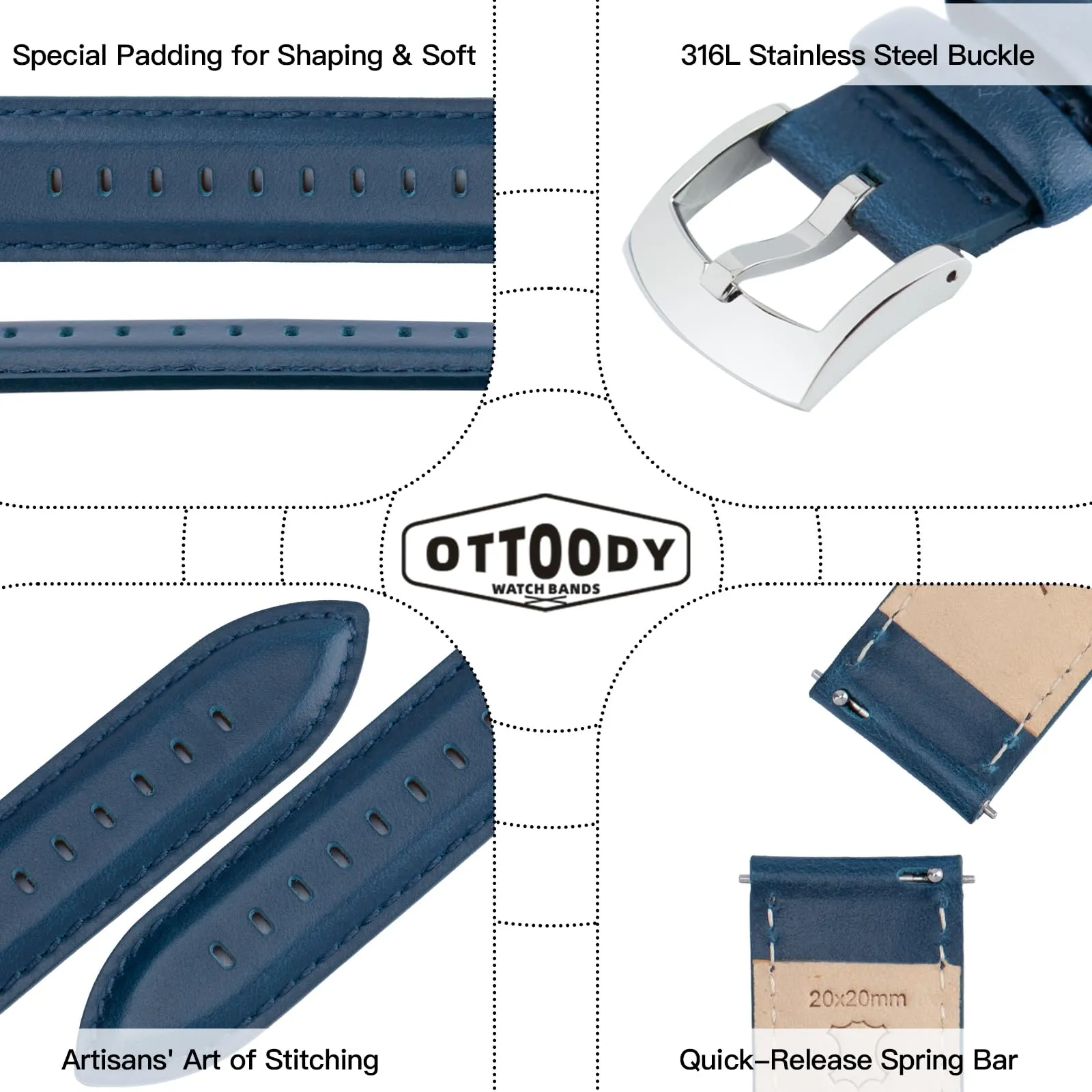 OTTOODY Cinturini Orologio in Pelle a Sgancio Rapido 18mm 19mm 20mm 21mm 22mm, Eleganti Cinturini per Orologi in Pelle a Grana Superiore Cinturino di Ricambio per Uomini Donne, Orologio e Smartwatch - immagine 4