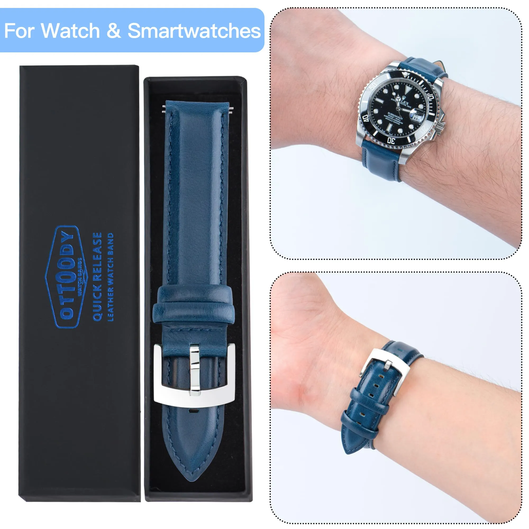 OTTOODY Cinturini Orologio in Pelle a Sgancio Rapido 18mm 19mm 20mm 21mm 22mm, Eleganti Cinturini per Orologi in Pelle a Grana Superiore Cinturino di Ricambio per Uomini Donne, Orologio e Smartwatch - immagine 7