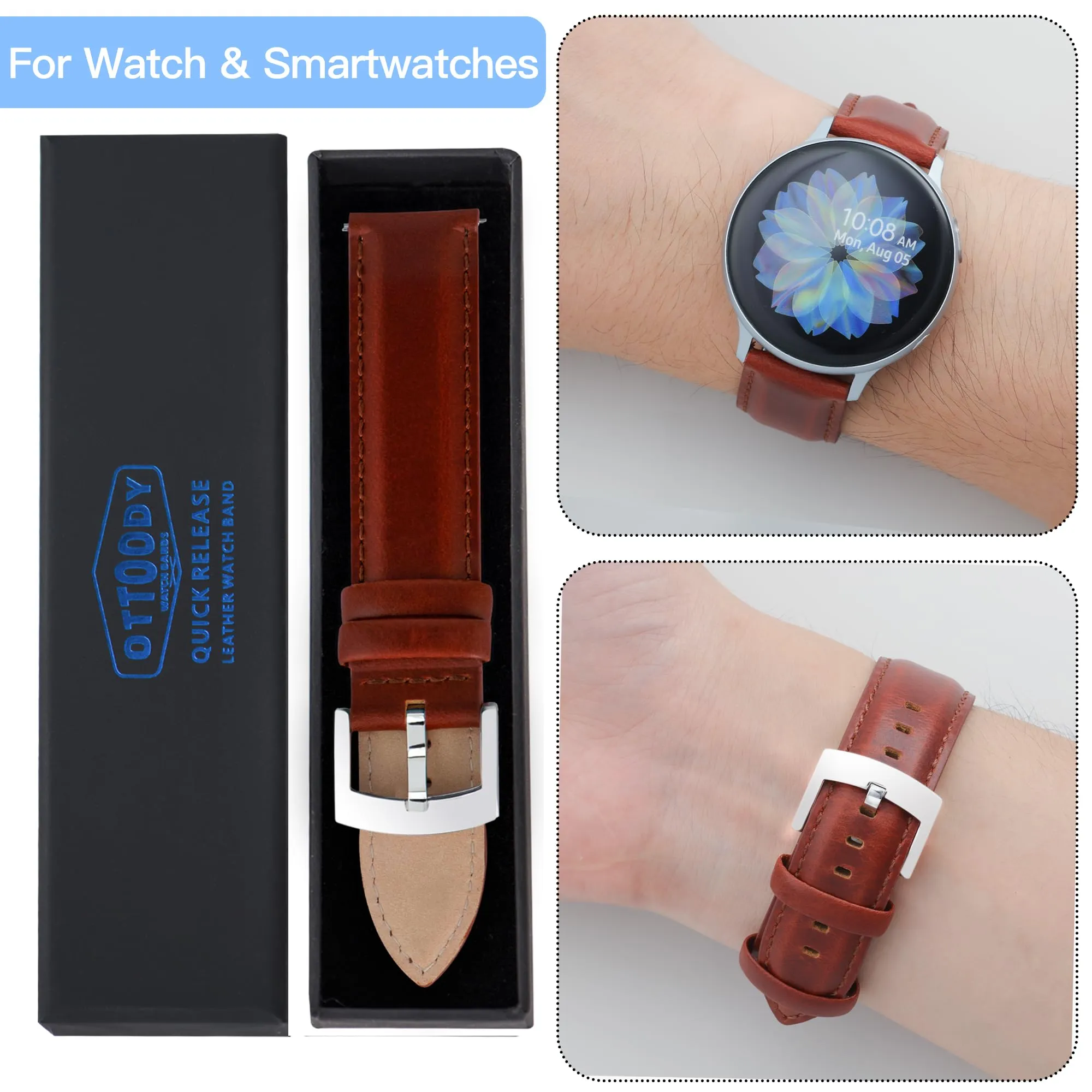 OTTOODY Cinturini Orologio in Pelle a Sgancio Rapido 18mm 19mm 20mm 21mm 22mm, Eleganti Cinturini per Orologi in Pelle a Grana Superiore Cinturino di Ricambio per Uomini Donne, Orologio e Smartwatch - immagine 5