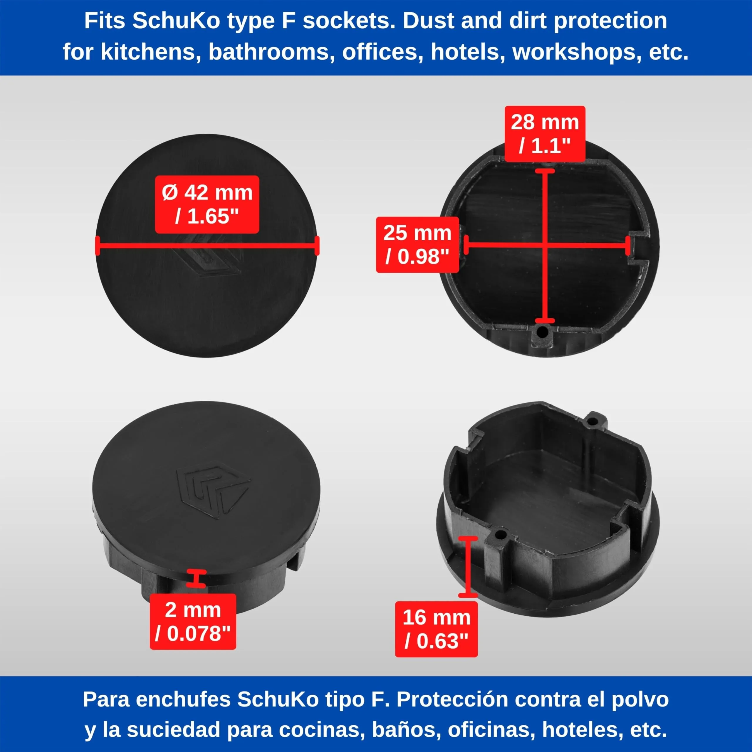 Coperchio per presa di corrente, 8 pezzi, nero, protezione della presa di corrente contro polvere e spruzzi d'acqua, per presa SchuKo tipo F, cappuccio di copertura per striscia di presa - immagine 4