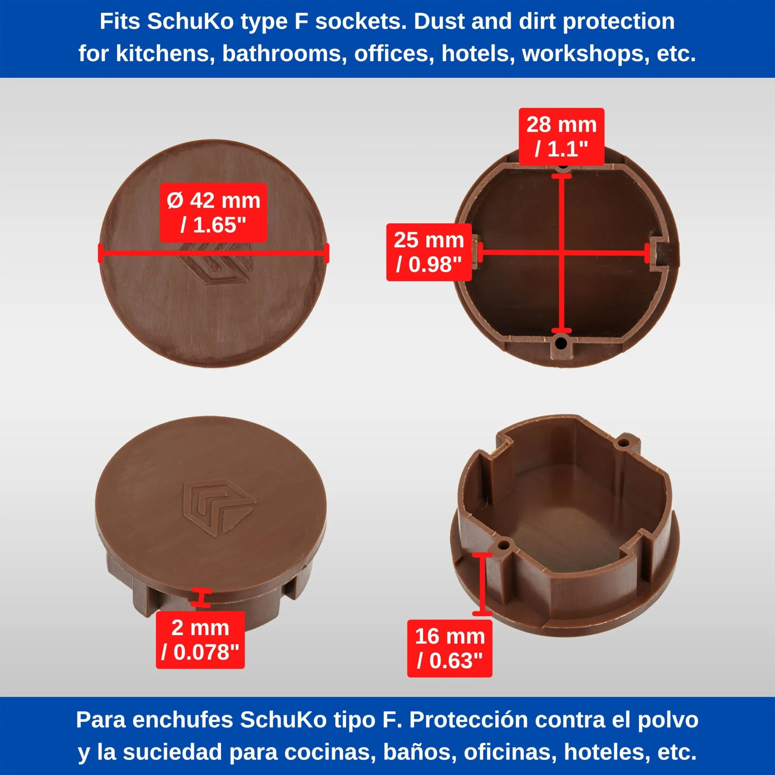 Coperchio per presa di corrente, 8 pezzi, marrone, protezione della presa di corrente contro la polvere, spruzzi d'acqua, per presa SchuKo tipo F, tappo di copertura per striscia di presa - immagine 4