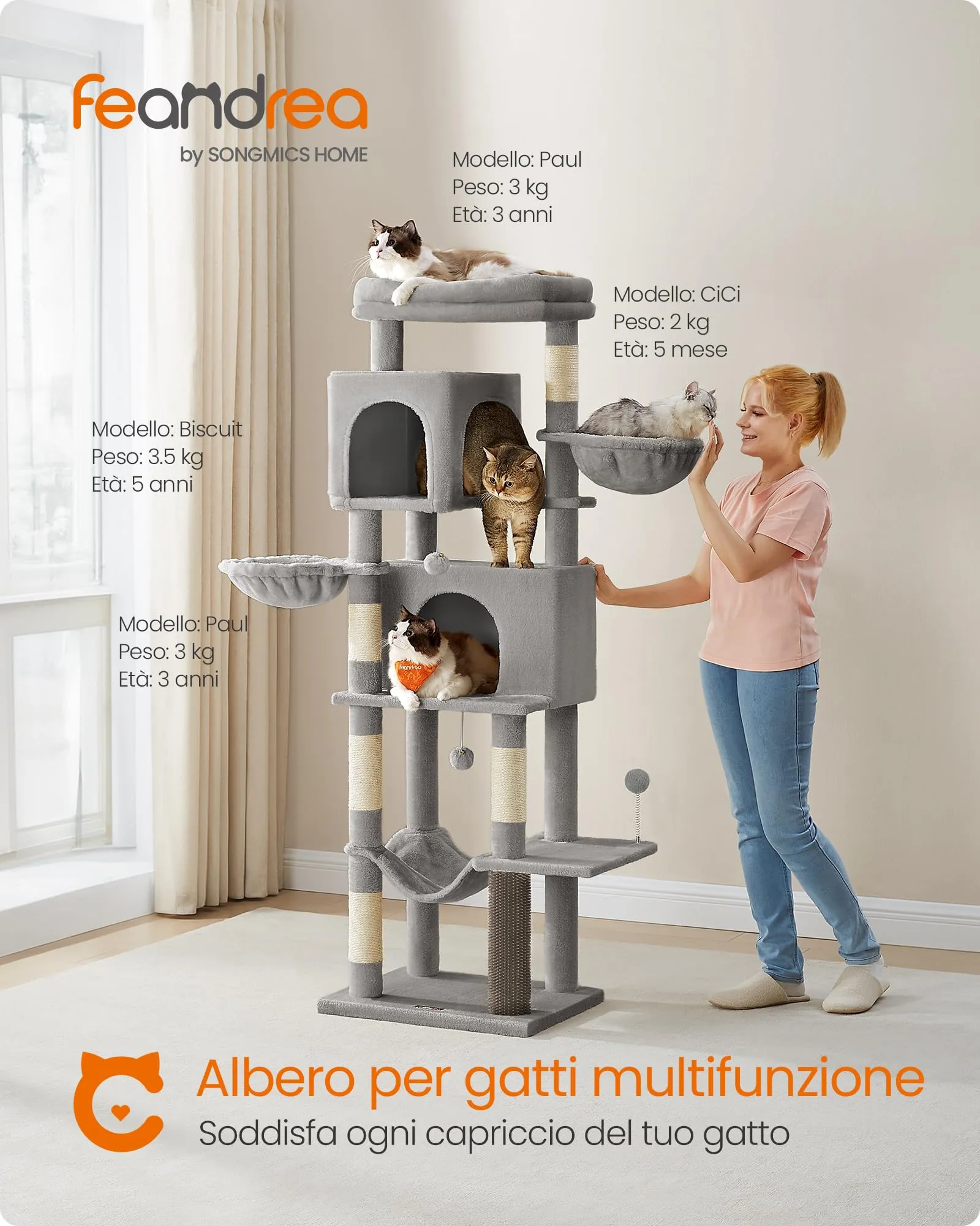 Feandrea Albero per Gatti, Torre Tiragraffi Alto 174 cm, Multilivelli - immagine 3