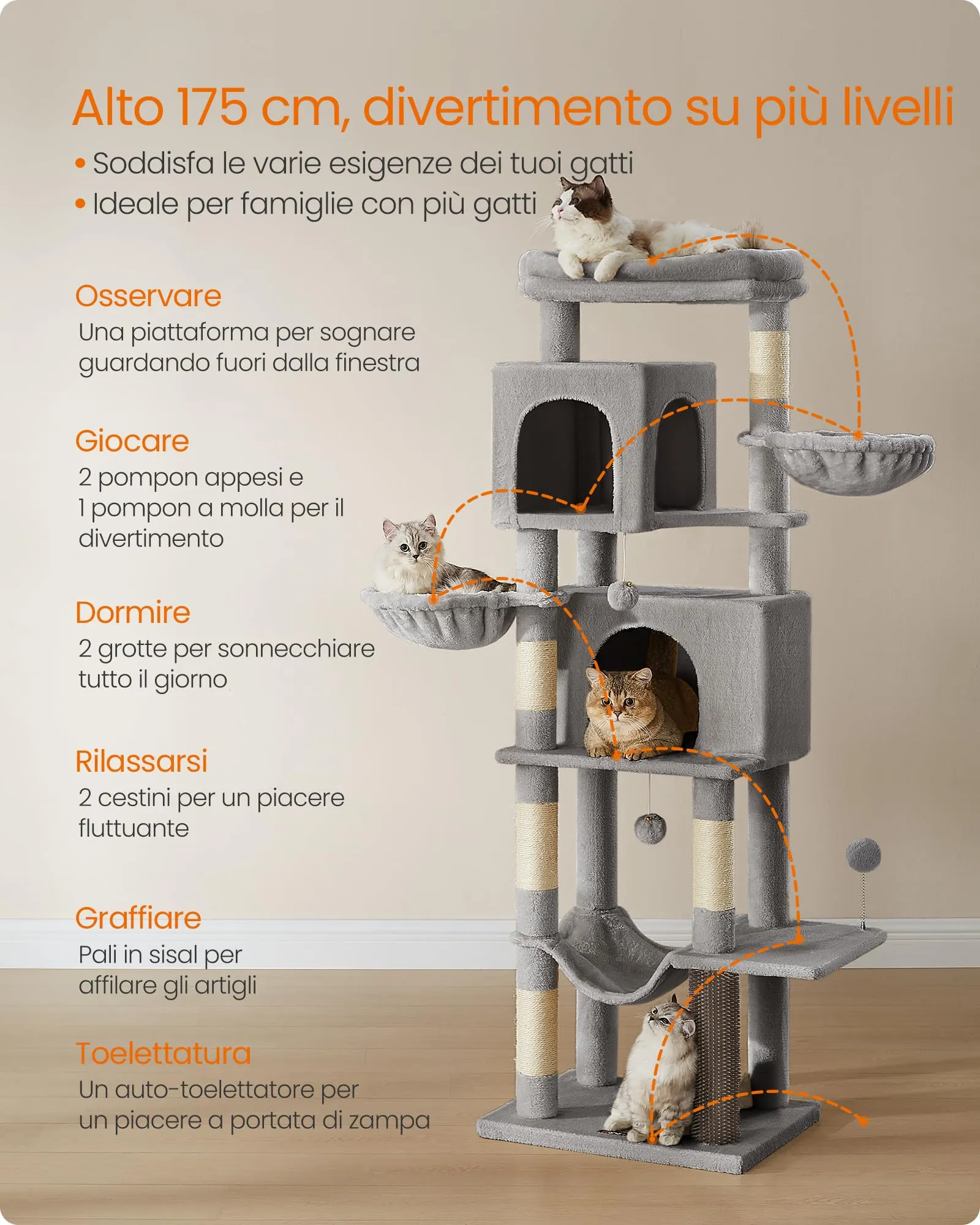 Feandrea Albero per Gatti, Torre Tiragraffi Alto 174 cm, Multilivelli - immagine 4