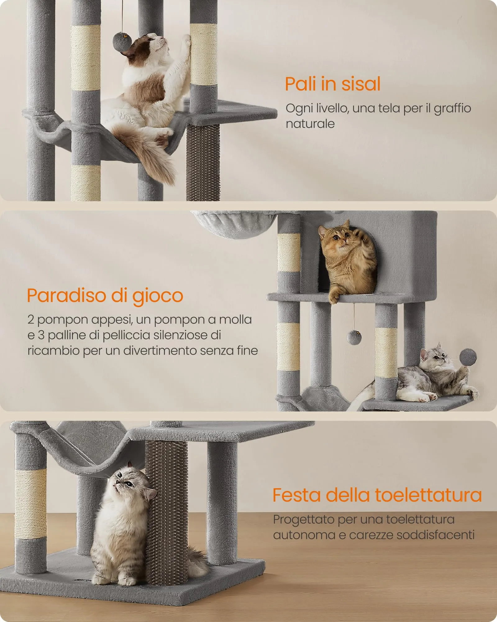 Feandrea Albero per Gatti, Torre Tiragraffi Alto 174 cm, Multilivelli - immagine 6