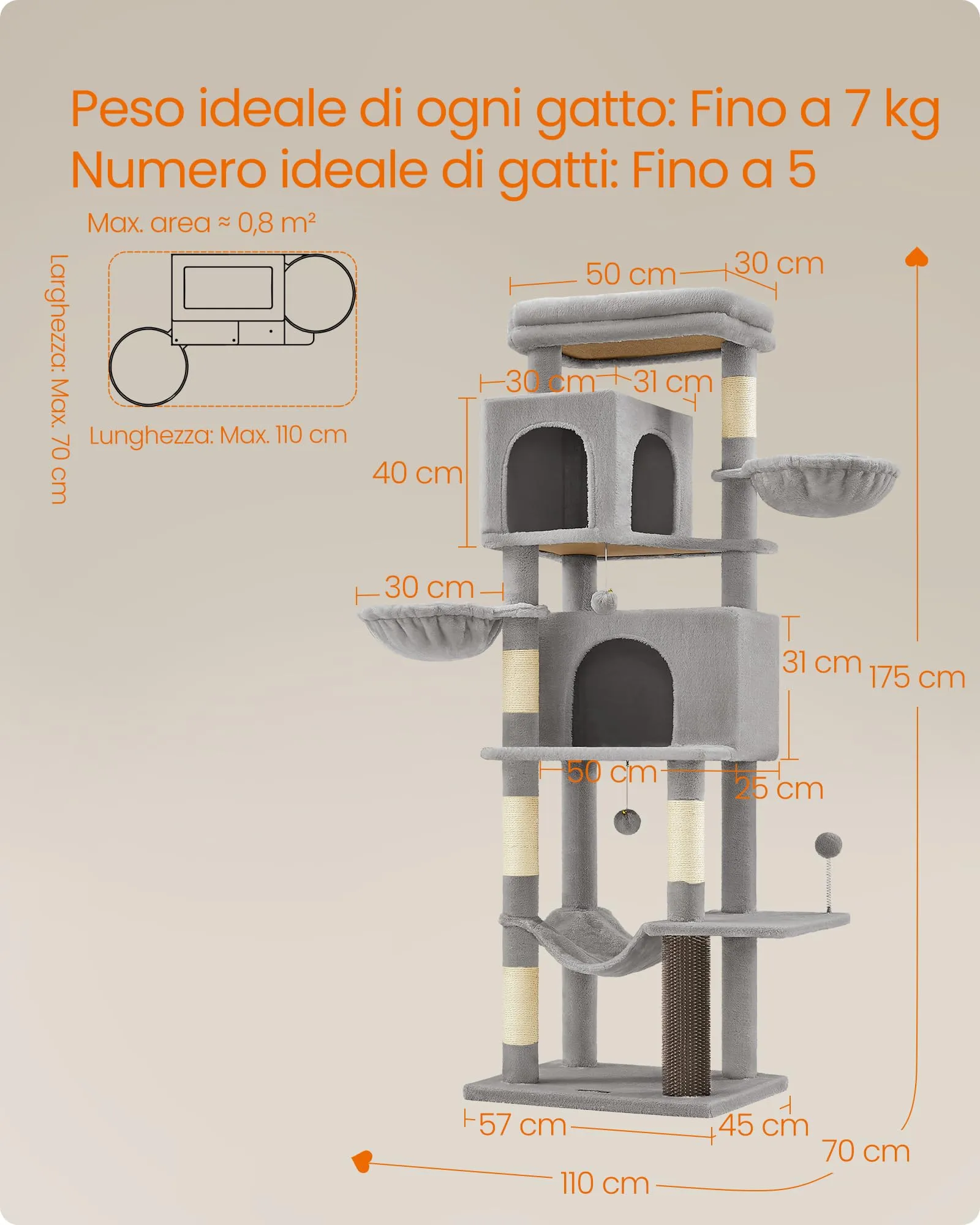 Feandrea Albero per Gatti, Torre Tiragraffi Alto 174 cm, Multilivelli - immagine 7