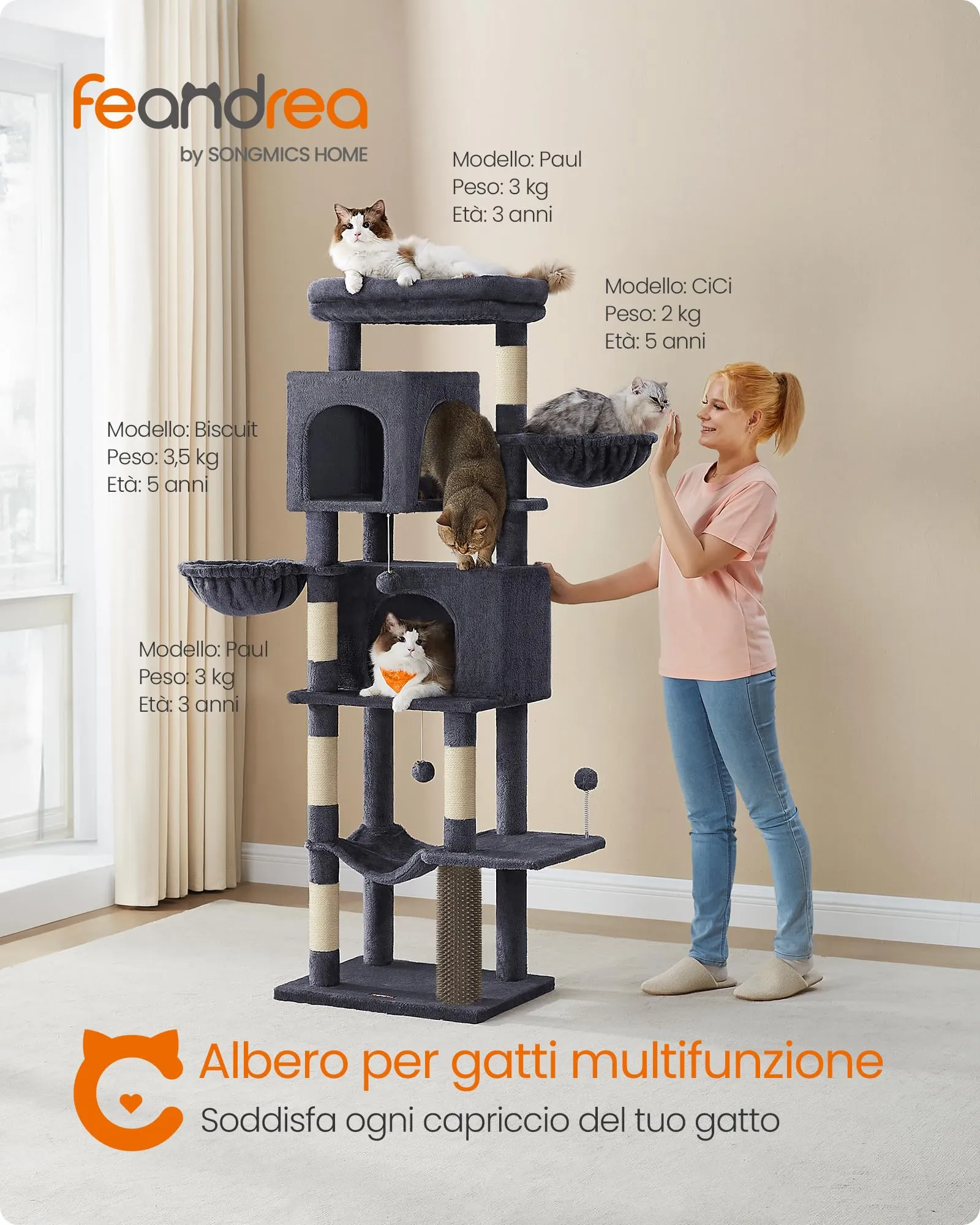 Feandrea Albero per Gatti, Torre Tiragraffi Alto 174 cm, Multilivelli - immagine 3