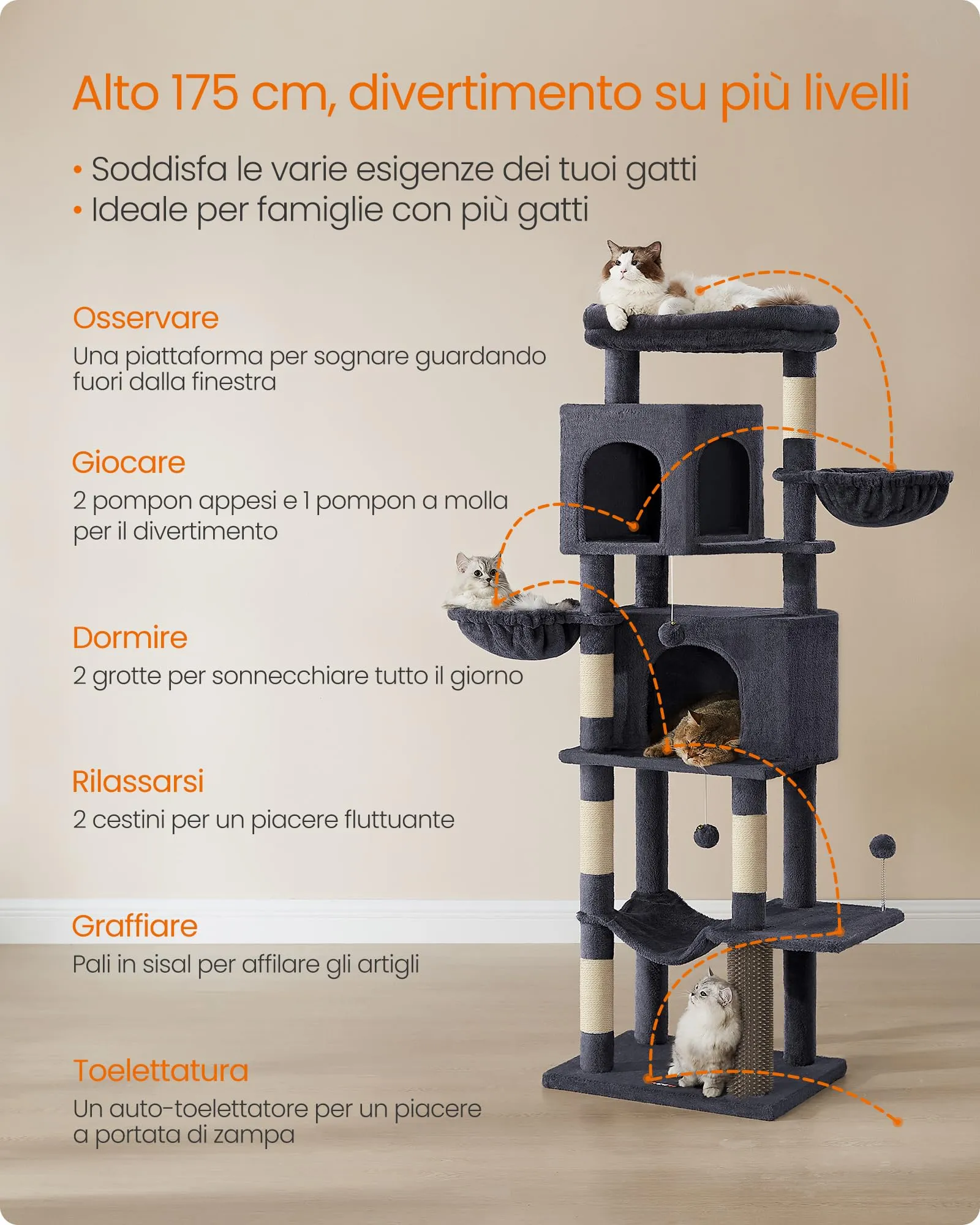 Feandrea Albero per Gatti, Torre Tiragraffi Alto 174 cm, Multilivelli - immagine 4