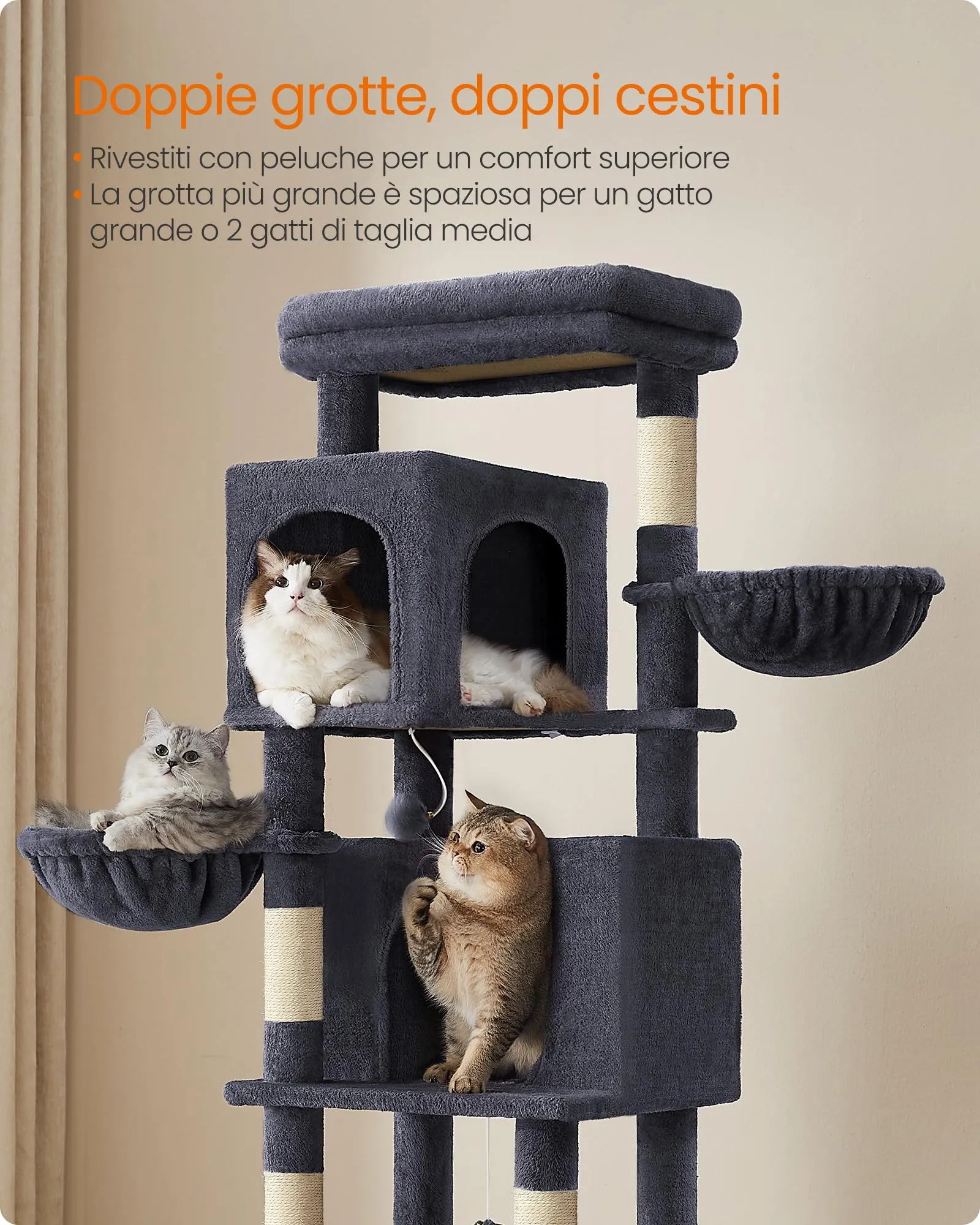 Feandrea Albero per Gatti, Torre Tiragraffi Alto 174 cm, Multilivelli - immagine 5